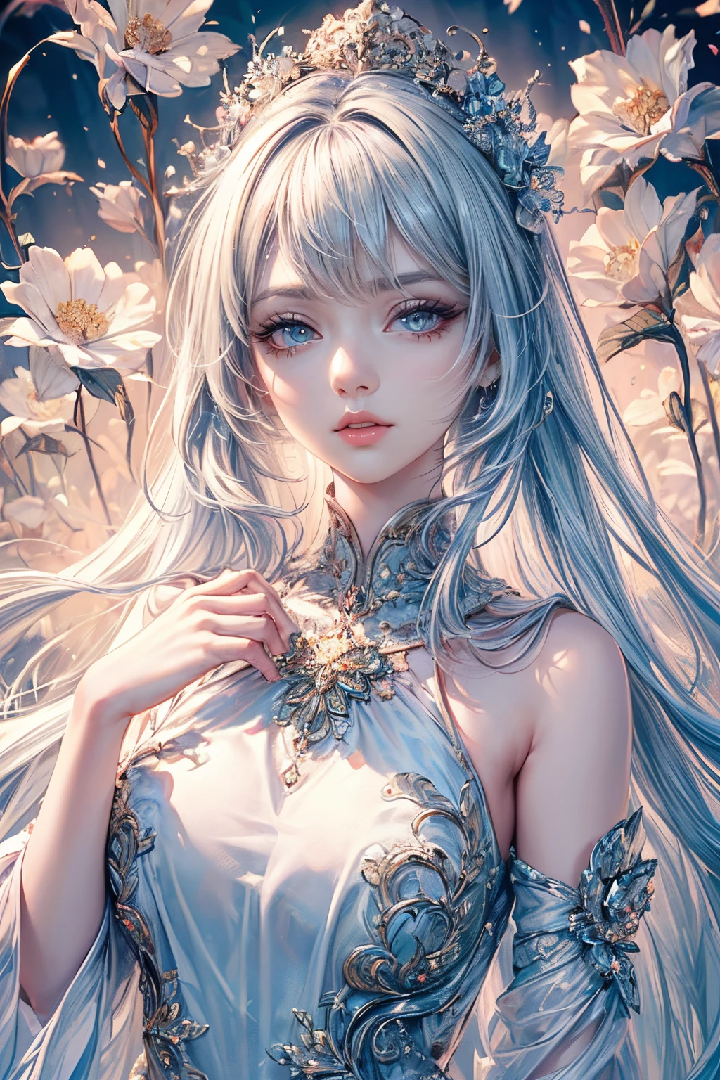 (best quality, 8K, CG, beautiful detailed upper body, lonely, thumb girl, taffeta court dress, floral background, intricate facial features, flowing long hair, almond-shaped eyes, elaborate eye makeup, long fluttering eyelashes, blinking big eyes with starry gaze, exquisite lip details, softly harmonious style)