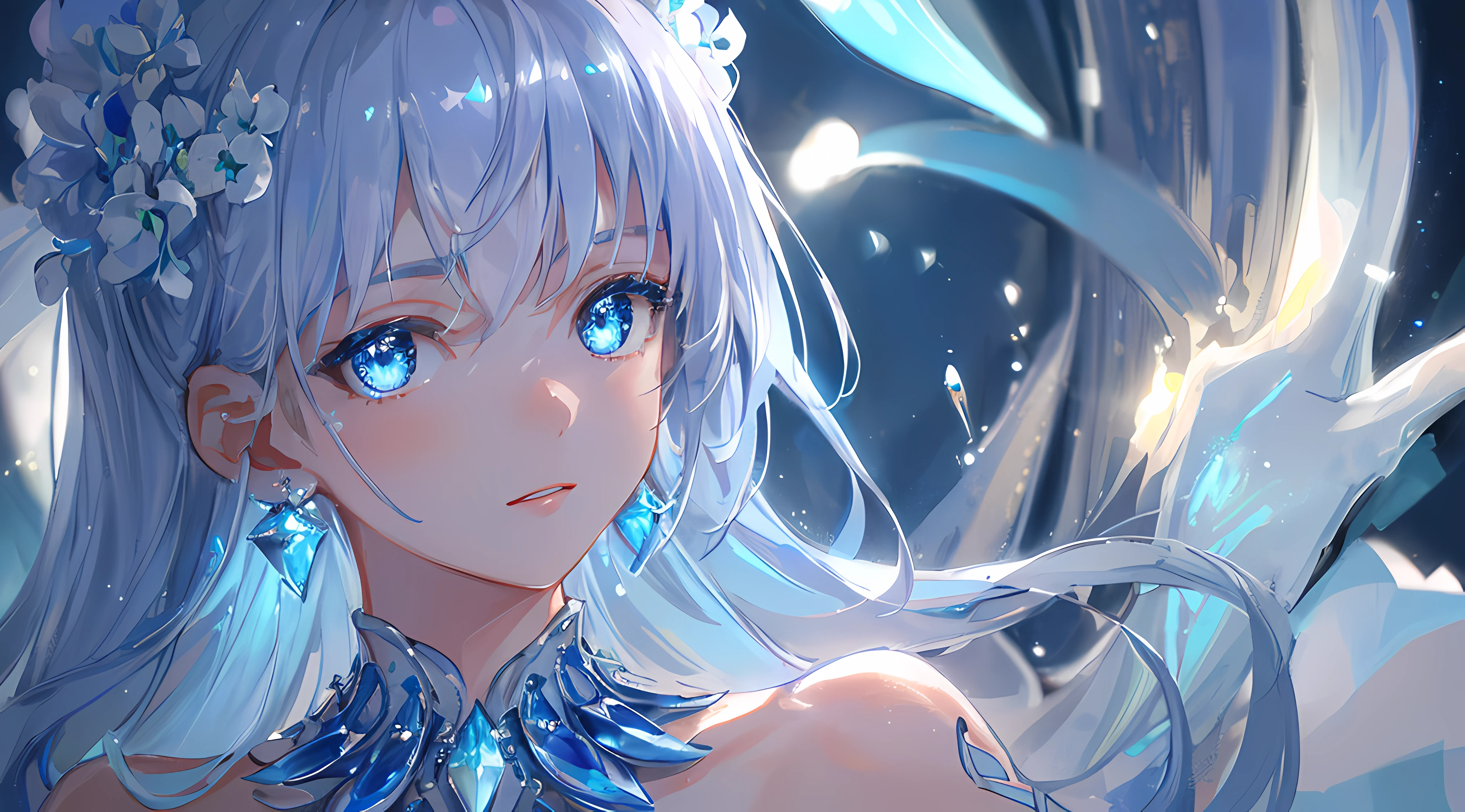 masterpiece, best quality, illustration, sax blue, platinum earrings, platinum necklace, white dress, 1girl, cute, (dynamic lighting:1.2), cinematic lighting, delicate facial features, detailed eyes, sharp pupils, realistic pupils, depth of field, bokeh, sharp focus, (hyper-detailed, bloom, glow:1.4), many small gems