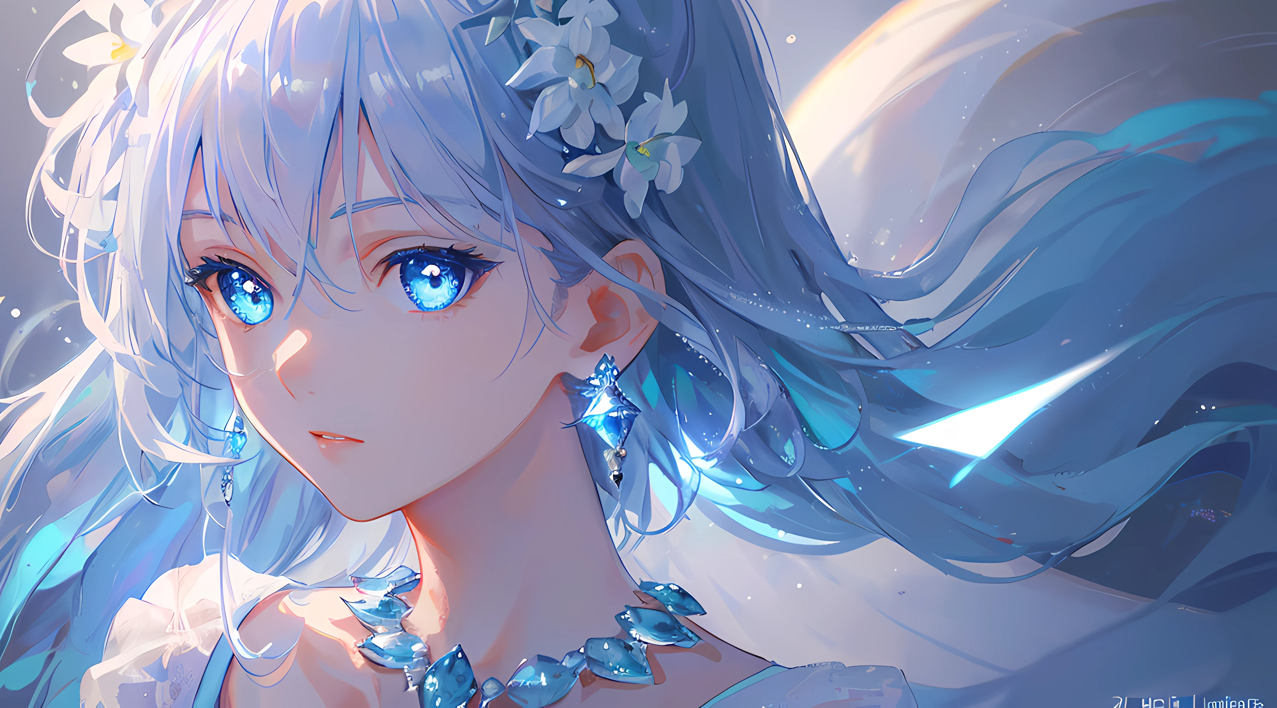 masterpiece, best quality, illustration, sax blue, platinum earrings, platinum necklace, white dress, 1girl, cute, (dynamic lighting:1.2), cinematic lighting, delicate facial features, detailed eyes, sharp pupils, realistic pupils, depth of field, bokeh, sharp focus, (hyper-detailed, bloom, glow:1.4), many small gems