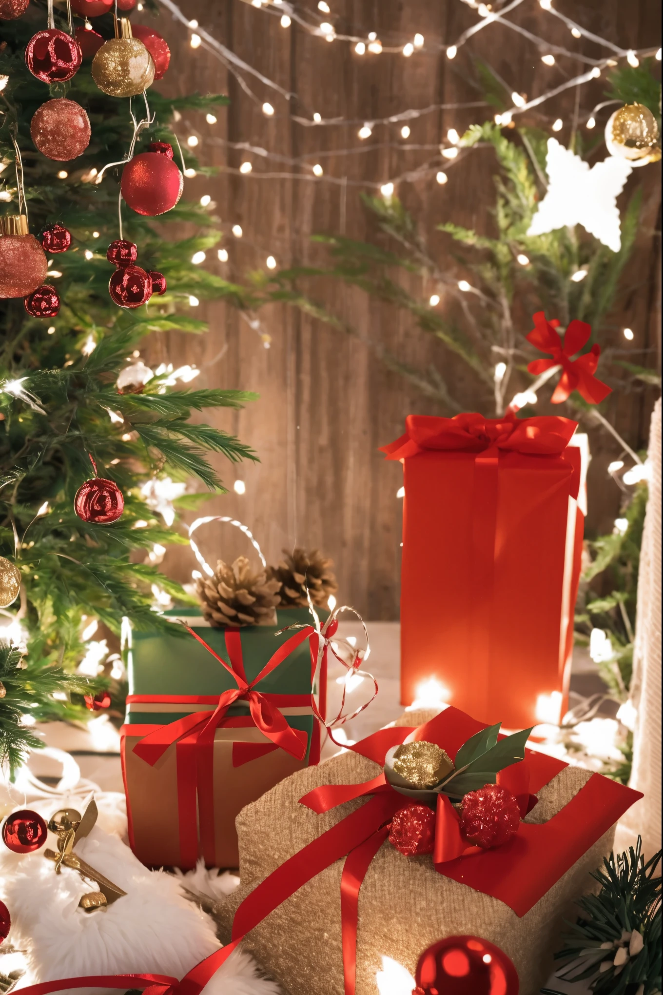 girl,Christmas tree,Brown hair,christmas ornaments,gifts,Kneeling,long whitr hair,Brown eyes,Christmas,box,gift boxes,Sweaters,Red shoes,ssmile,sleeve past wrist,bshoulders,Christmas lights,from one side,from one side,Look into the distance
