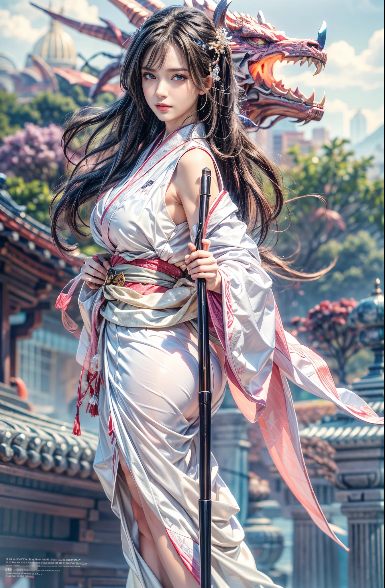 (Photoreal Stick:1.4, masutepiece:1..3, 8K), top-quality, masterpiece, 超A high resolution, Perfect dynamic composition, Professional camera work, Grow Light Effect, Mystical portrait, Cinematic Light, Highly detailed skin and facial texture:1.3, The ultra-detailliert, A detailed eye, (riding a dragon, carry a noble long cane), (myterious:1.3, Fanciful:1.2, tradition:1.2, majestueux:1.2), 1girl in, 25-years old, cute and sexy slim goddess, Fair skin, (Calm:0.9, Totally captivates you:1.0), (japanese kimono:1.3, off shoulders), (voluptuous breasts:0.9), (Backshots), (A beautiful Blue eyes, Eyes that feel beautiful eros:0.85), Sexy face:0.4, (A mouthfeel that feels beautiful eros:0.85), ((Too cute beauty:0.9)), Fantastic background, Eliminate unnecessary hands