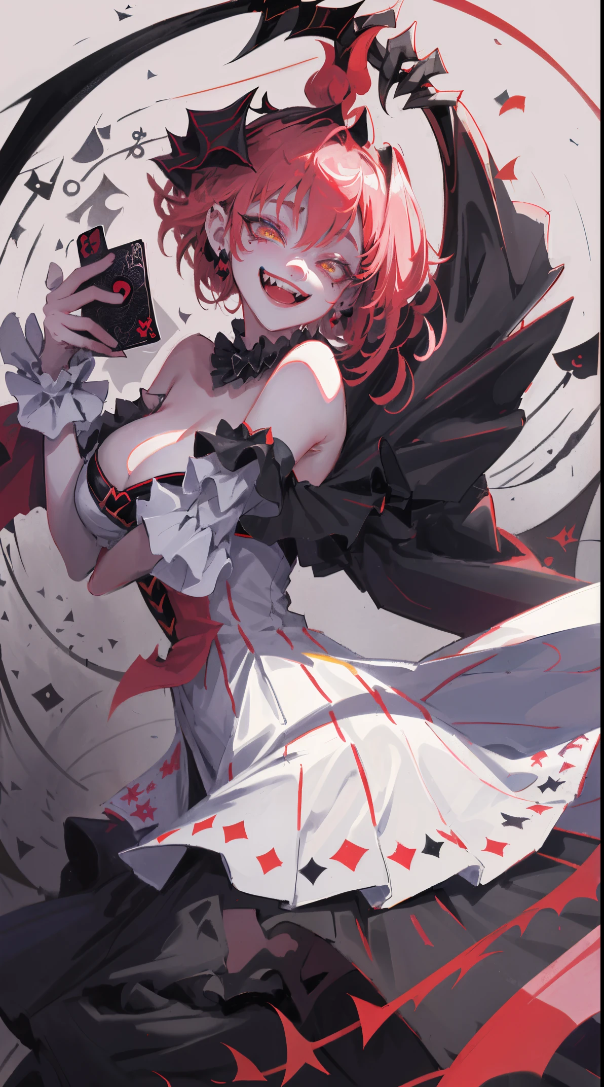 With a solid color background and a magical reality style, a playing card tilts towards the camera. (A clown character in a playing card protrudes from the card face, grinning ferociously, holding a huge black sickle: 1.2), exaggerated camera performance, a sense of oppression, surrounded by many playing cards dancing in the wind, black and red, mixed style,
