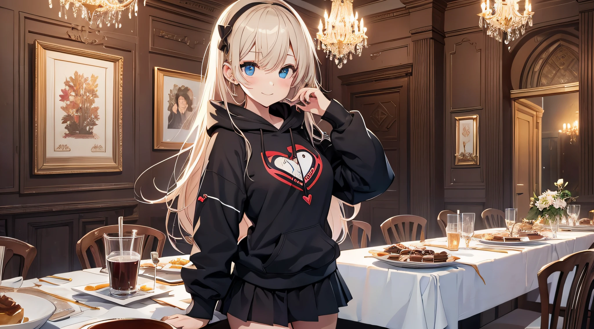 top-quality、Top image quality、masterpiece、s girl((Black underwear、Black hoodie with open chest、Black skirt、18year old、 Ager、Best Bust、big bast,Beautiful light blue eyes, Long Blonde Hair、A slender,Large valleys、Reflecting the whole body、Heart symbol with both hands、Joy Pose、Laugh、The best smile)),hiquality、Beautiful Art、Background with((party decoration night,a room、Parti、The table、wining、chocolate cake))masterpiece、depth of fields,Texto((100 followers))