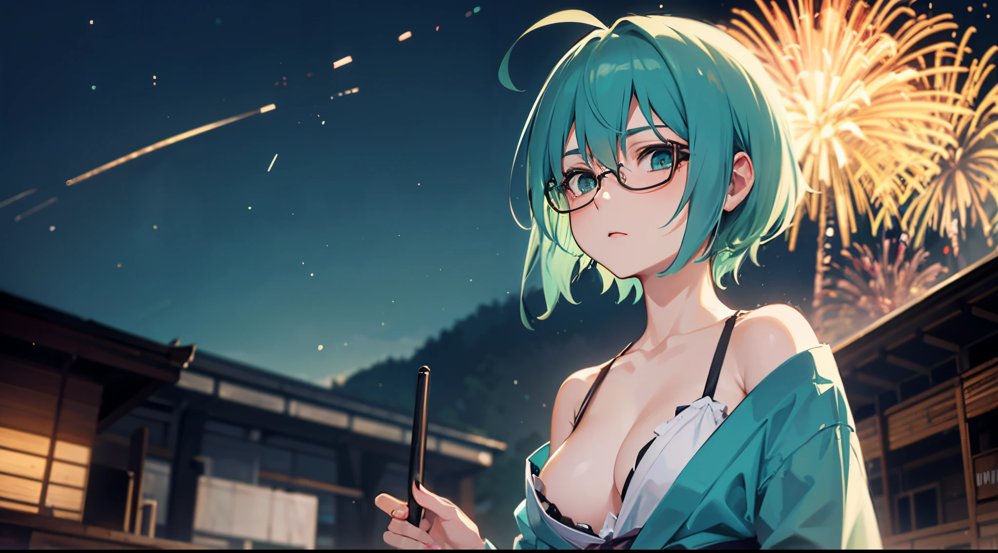 1girl, solo, 53 years old, milf, teal and green hair, messy hair, asymmetrical hair, ahoge, very short hair, aqua eyes, medium breasts, pale skin, glasses, yukata, festival, fireworks, open clothes