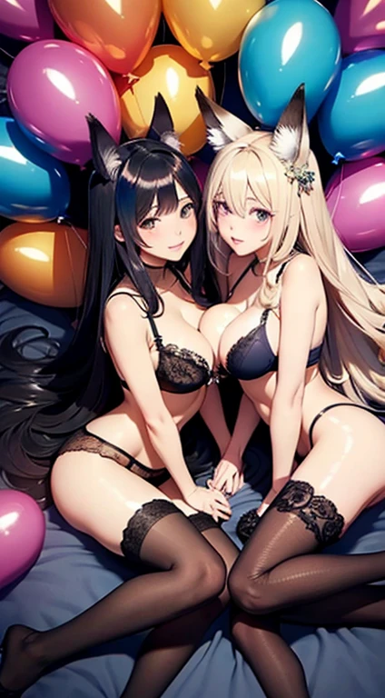 high quality, masterpiece, ultra-detailed, lingerie, thigh highs, extremely coloured, 2 girls, beautiful, shiny skin, enchanting eyes, long hair, fox ears, balloons, kissing each other, yuri, ridiculously large breasts, laying on bed