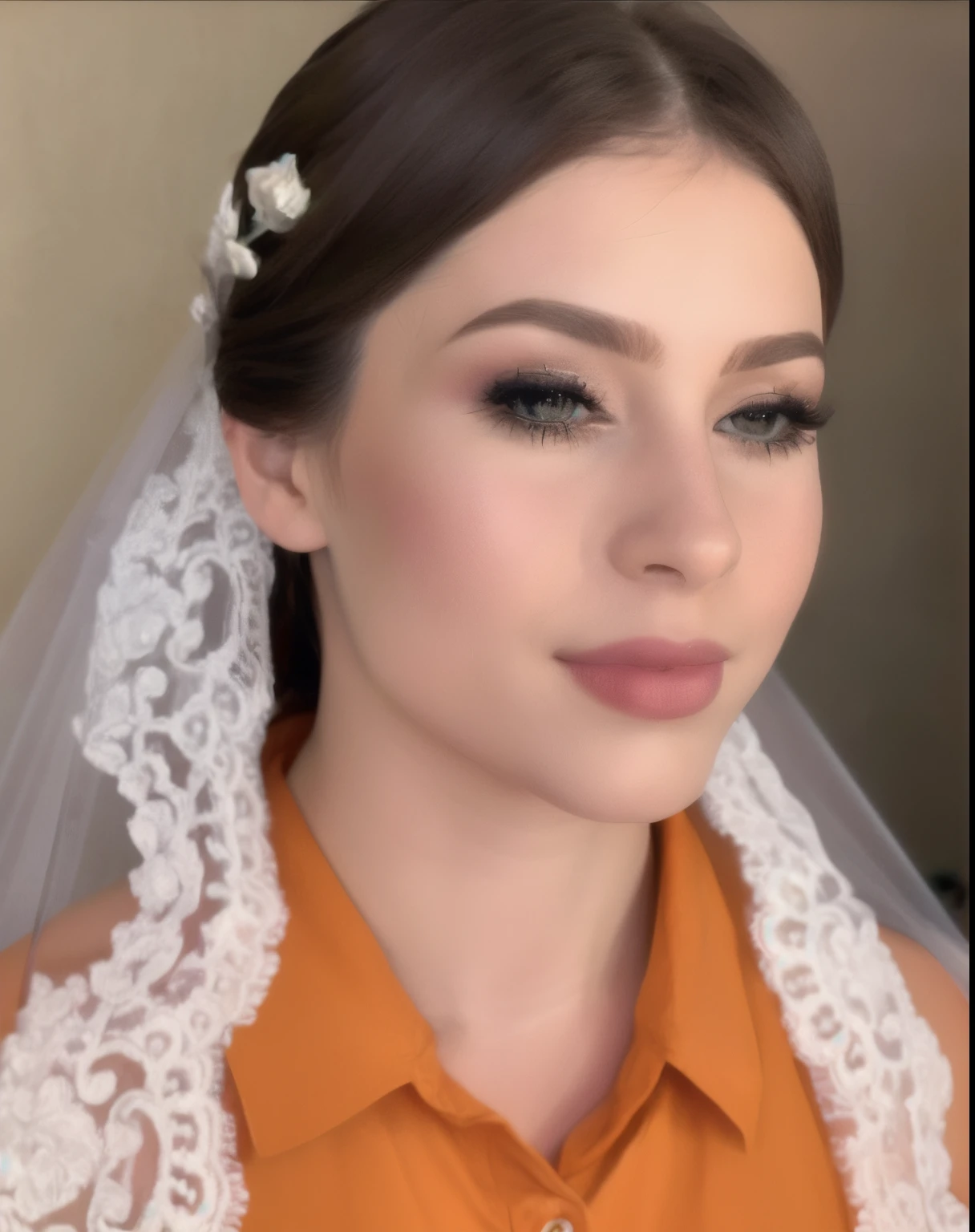 a close up of a woman wearing a veil and a wedding dress, com maquiagem profissional, maquiagem em marfim, maquiagem de marfim nos olhos, maquiagem detalhada nos olhos, em maquiagem profissional, olhar sensual, rosto lindo detalhado, Fantastic details full face, rosto detalhado e perfeito, maquiagem tradicional, rosto sexy com maquiagem completa, noiva, detailed flawless face