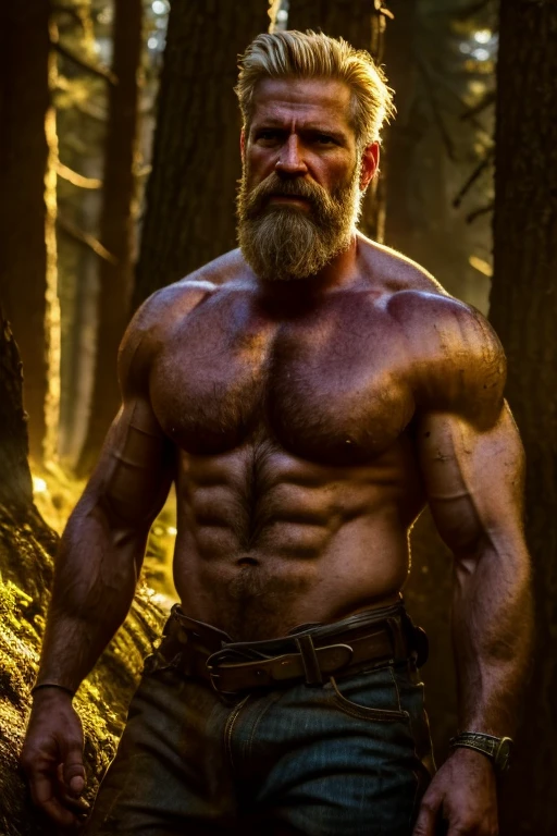 (realistic, high-res),male,blond hair,strong built,50 years old,beard, hairy, lumberjacks, pumped chest ,no shirt, oil painting, intense expression, dark background, dramatic lighting, vivid colors, masculine features, realistic hands, open eyes, realistic eyes, forest, nature, sunlight filtering through the trees, shadows, dynamic composition, raw and gritty, authenticity, rugged beauty, atmospheric, textured, compelling, captivating, evocative, cinematic, intense energy, golden hour lighting, sun-kissed, expressive, immersive, larger than life, powerful presence.