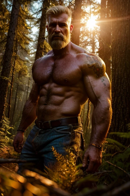 (realistic, high-res),male,blond hair,strong built,50 years old,beard, hairy, lumberjacks, pumped chest ,no shirt, oil painting, intense expression, dark background, dramatic lighting, vivid colors, masculine features, realistic hands, open eyes, realistic eyes, forest, nature, sunlight filtering through the trees, shadows, dynamic composition, raw and gritty, authenticity, rugged beauty, atmospheric, textured, compelling, captivating, evocative, cinematic, intense energy, golden hour lighting, sun-kissed, expressive, immersive, larger than life, powerful presence.