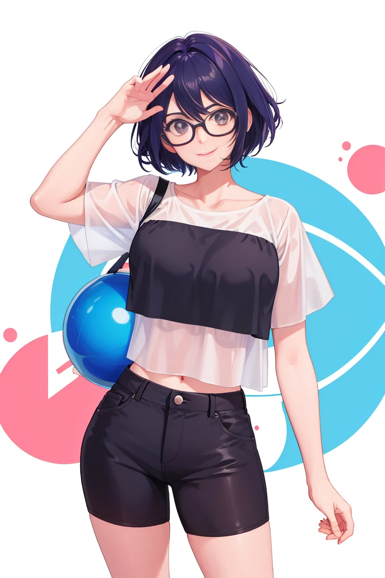 1girl, large rounded glasses, sorridente, looking at the camera, short hair, de pele escura, olhos arredondados, camisa azul ciano, Black shorts, fechar para cima,