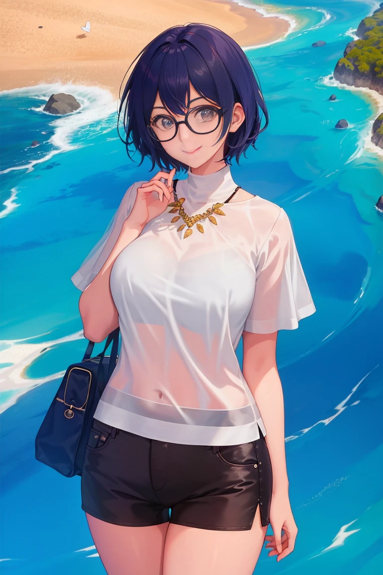 1girl, large rounded glasses, sorridente, looking at the camera, short hair, de pele escura, olhos arredondados, camisa azul ciano, Black shorts, fechar para cima,