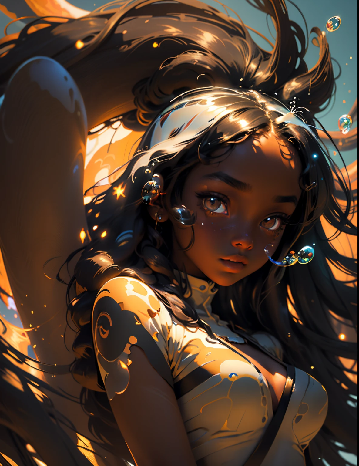 depth of field, masterpiece, best quality, 1 black girl with dark skin, black hair, brown eyes,  long hair,  solo, looking at viewer, dappled sunlight, girl with Bubbles ,glowing color, bright colors, luminescence, Vector Illustration Style, Crazy details,Ultra HD picture quality