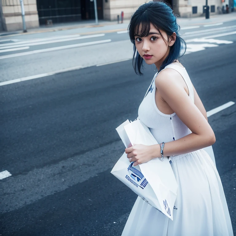 Two-dimensional beautiful girl with blue hair and white dress