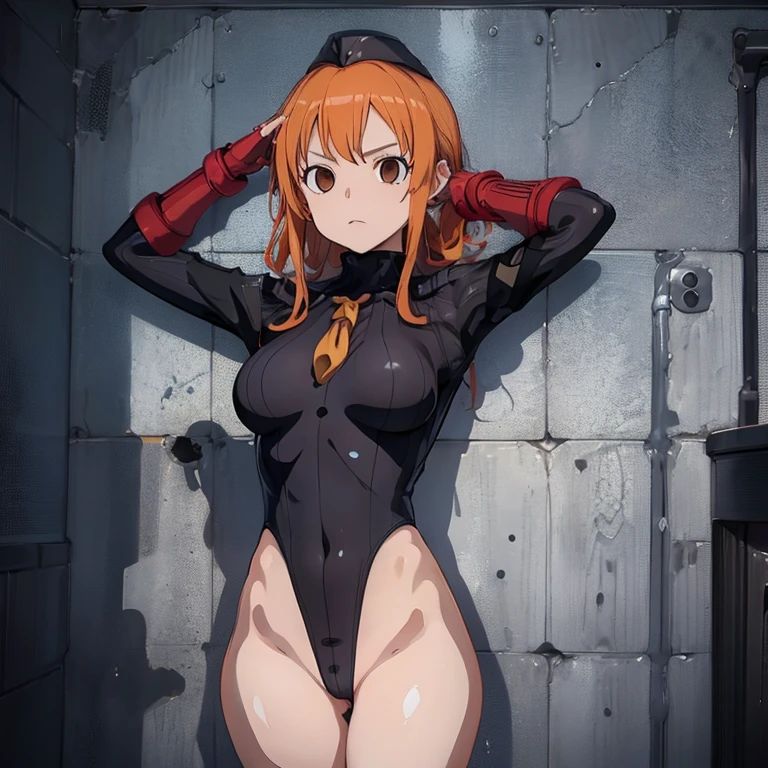 {1girl in},{{{{{masutepiece++, Best Quality++, Ultra-detailed+, 超A high resolution,(Photorealistic:1.4),Raw photo,(Nami)+,(Nami)+,(One Piece Nami)+,(Onepiece),Orange hair, Girl in black latex full body suit,very aesthetic, Best Quality, absurderes, 1girl in, Empty eyes, Wicked Fall,Brainwashed,}}}}}, {type moon style}, largebreasts,deadpan, Darkness Room,stand and salute
