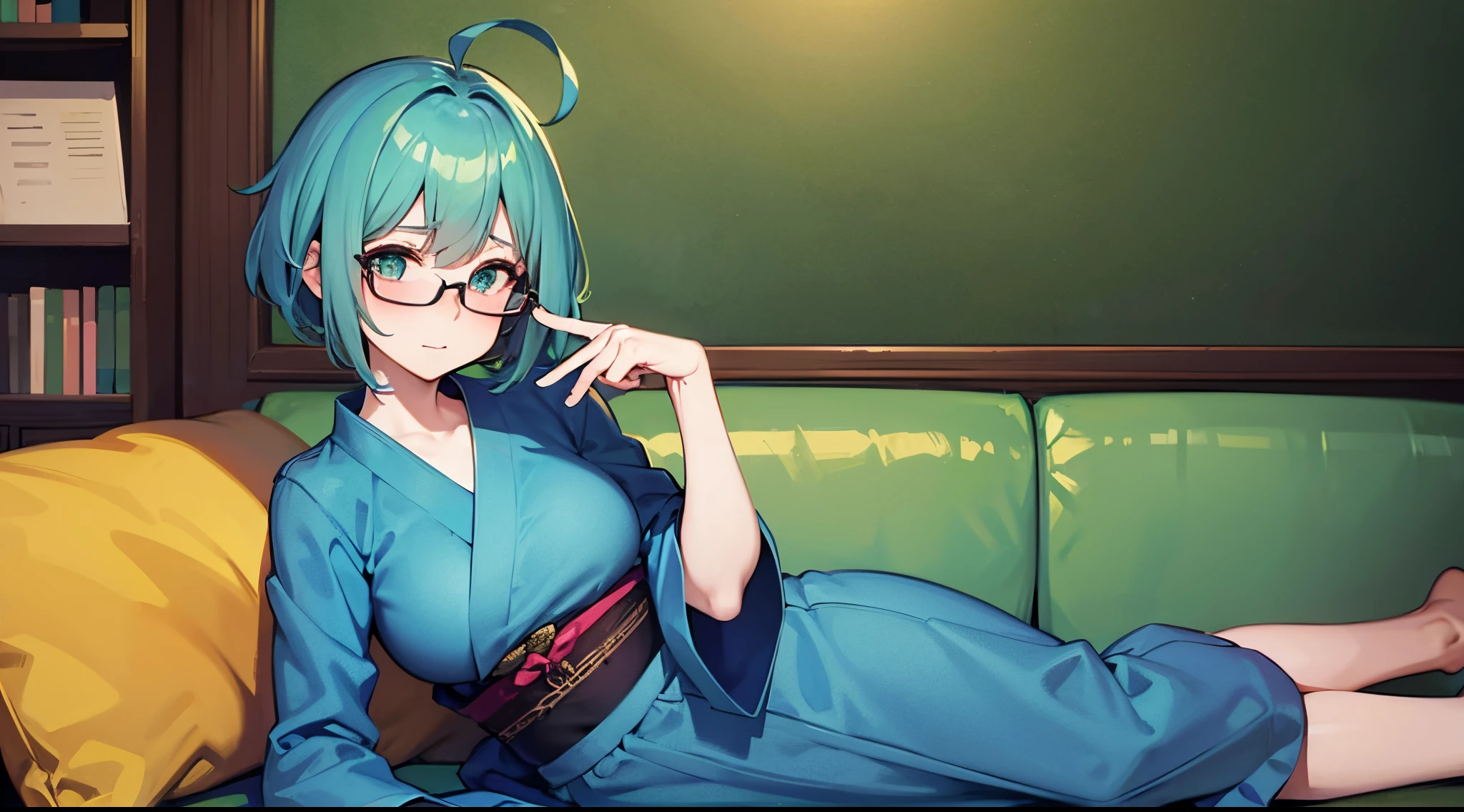 1girl, solo, 53 years old, milf, teal and green hair, messy hair, asymmetrical hair, ahoge, very short hair, aqua eyes, medium breasts, pale skin, glasses, night, lounge, bathrobe, open clothes, pussy