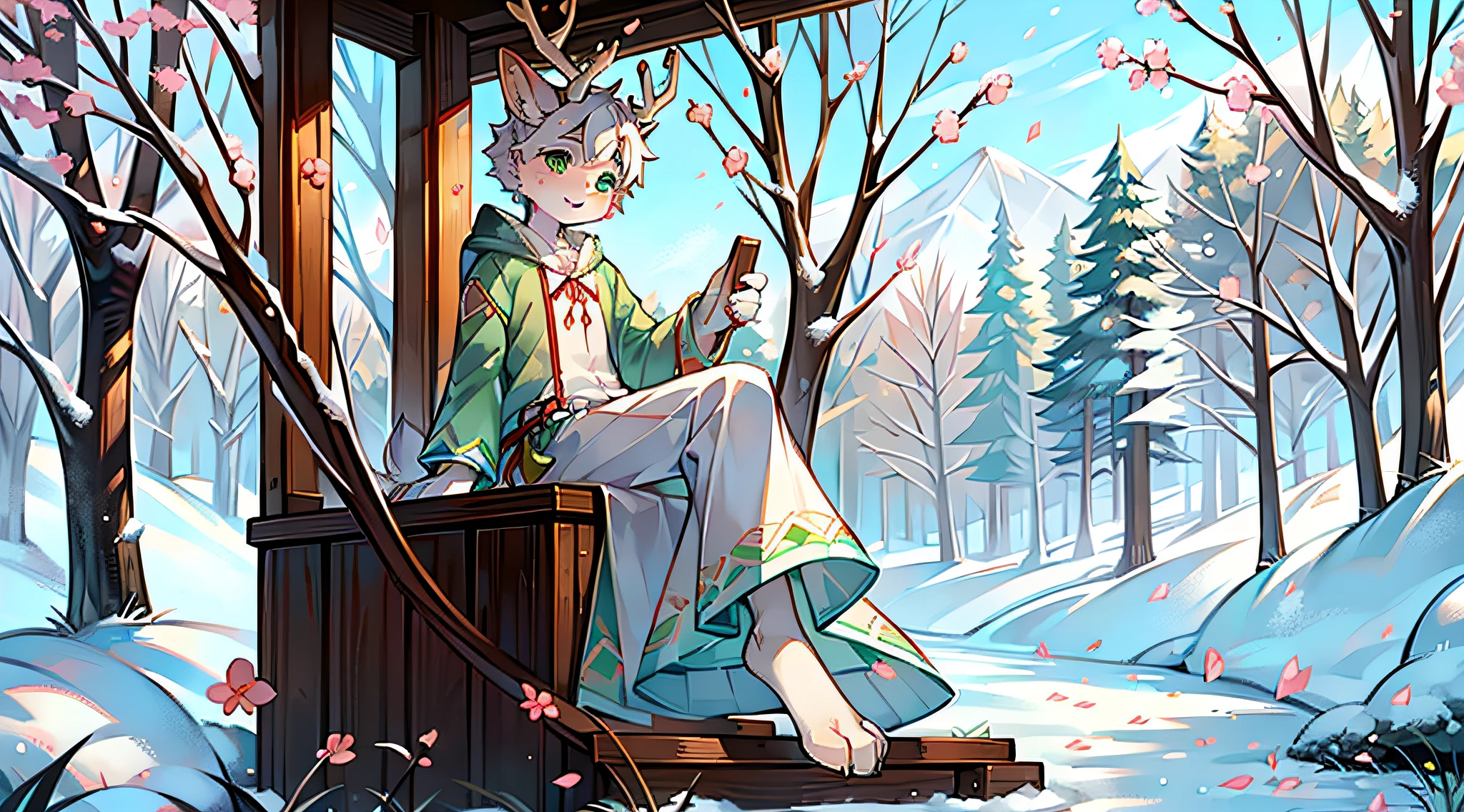 A white deer，Sit under a peach blossom tree，Peach blossom tree，falling flower petals，Green-eyed，Snow resort，Oyuki，Light green clothing，lovely boy，shota，white  clothes，deer antlers