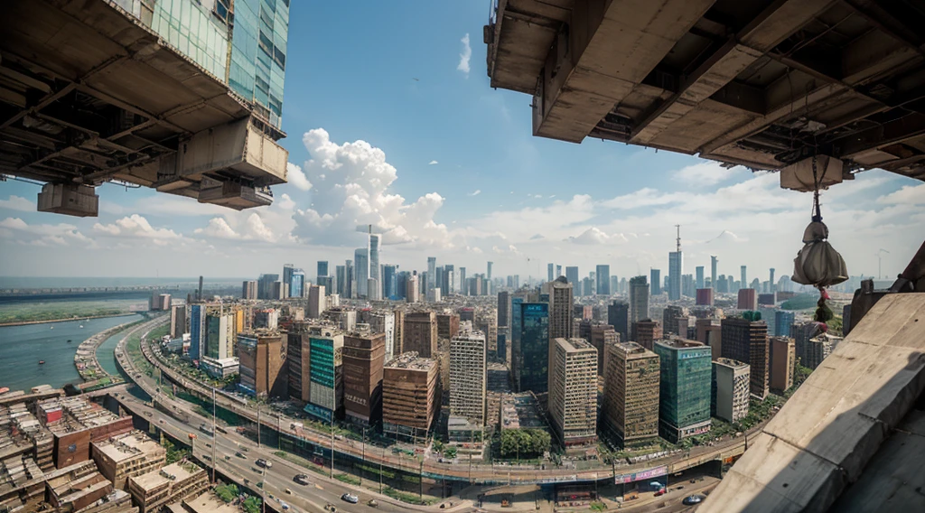 skyline of tall buildings and slum and traffic on road , Indian crowded city , slum ,water pollution, air pollution, traffic bird eye view, , noon day time , realistic , 4k , hyper realistic