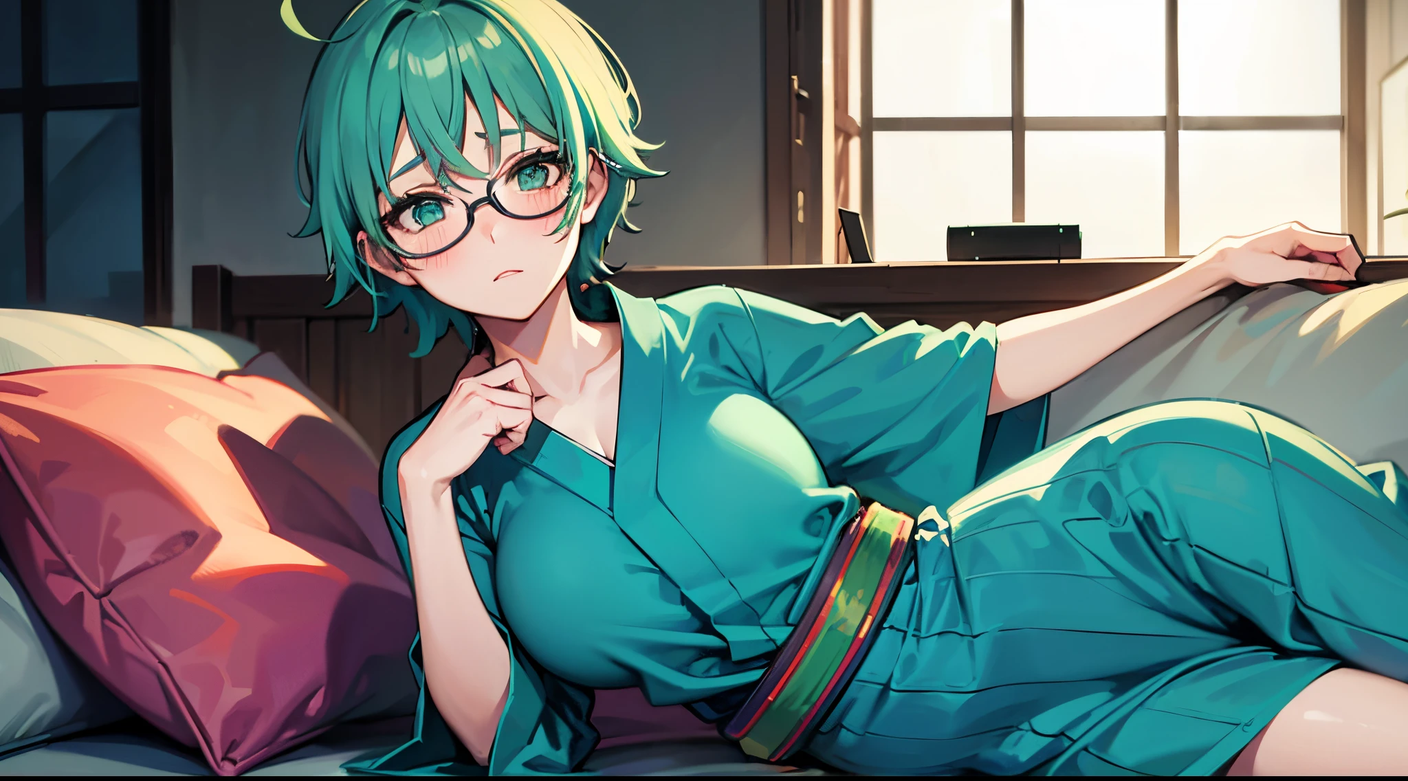 1girl, solo, 53 years old, milf, teal and green hair, messy hair, asymmetrical hair, ahoge, very short hair, aqua eyes, medium breasts, pale skin, glasses, yukata, sofa, open clothes, blush