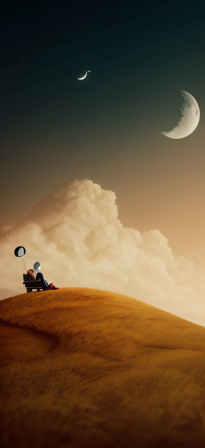 There was a man sitting on the hill,Holding laptop under crescent moon, sitting on a moon, Surrealism Diminas Plankovich, Collage style joseba elorza, Inspired by Gediminas Pranckevicius, distant dreamy atmosphere, in a surreal dream landscape, a surreal dream landscape, Surreal digital artwork, Surreal scenarios