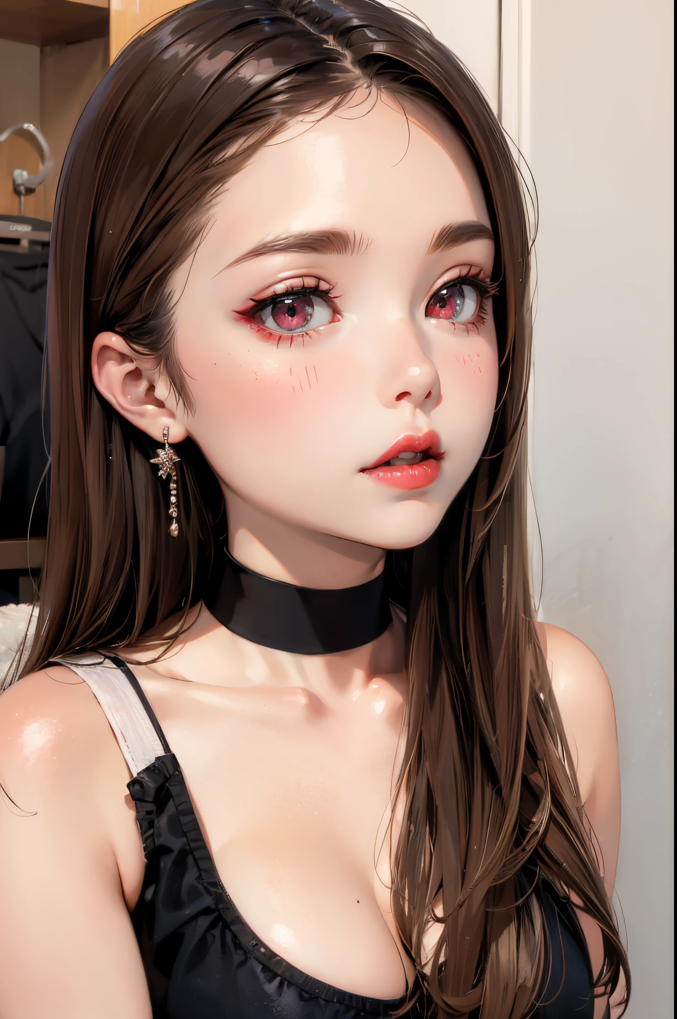one girls:1.5、Cute baby face、14age、parfect anatomy、Red Eye Shadow、red lipsticks、slightly pink cheeks、de pele branca、ash blonde、Black Dress、Eight-headed body、small tits、Unique hairstyle、a choker、top-quality、ultra-detailliert、High quality detailing、portlate、masuter piece