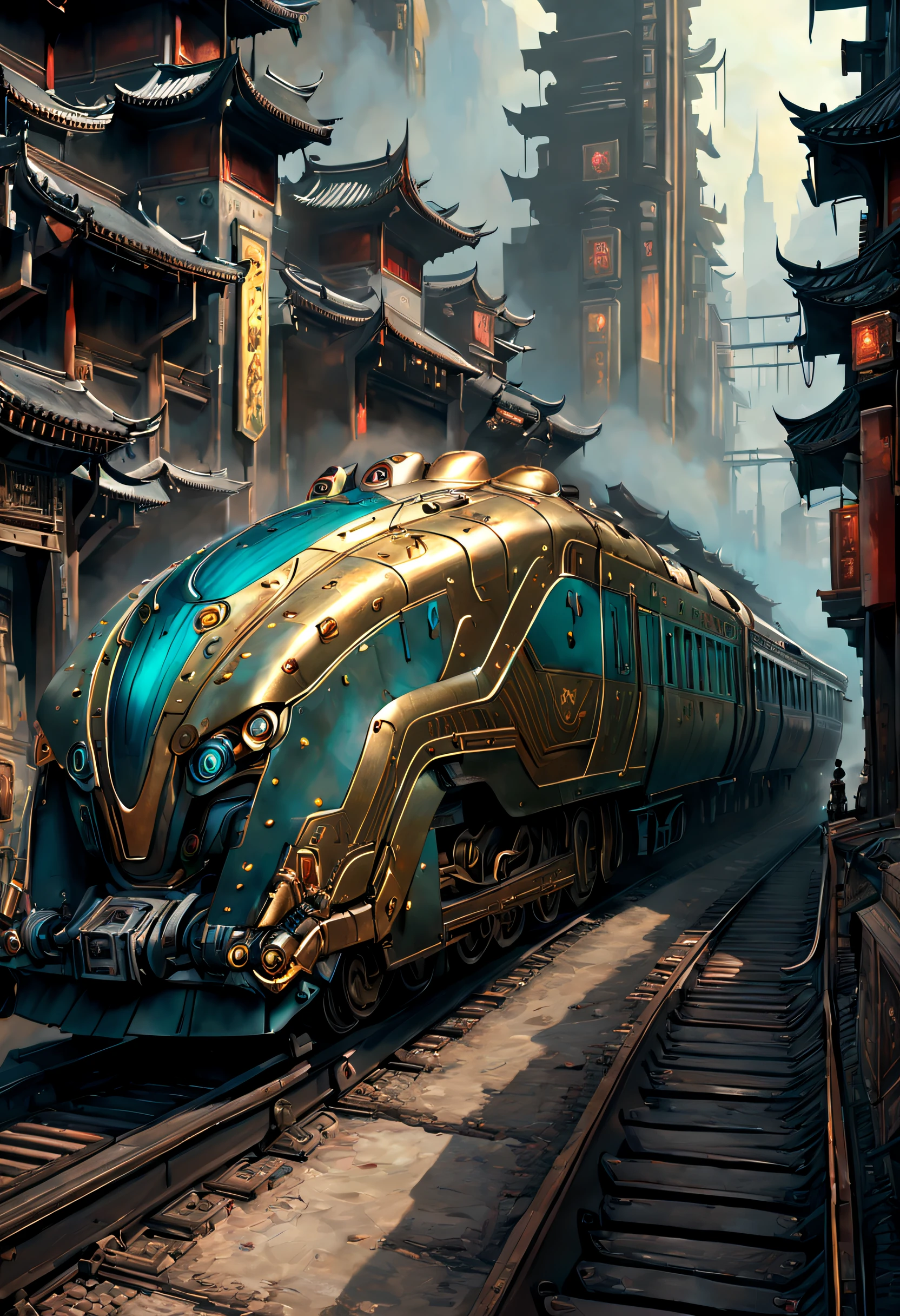 A painting of a sci-fi train passing through an ancient Chinese city，people standing on railroad tracks, Inspired by Stephen Cordell, amazing concept painting, Craig MullinsGreg Rutkoski, by Craig Mullins, Inspired by Craig Mullins, Highly realistic concept art, Dappled lighting by Craig Mullins, Steam engine matte paint, James Gurney painting style, Highly detailed 4K painting, craig mullins style