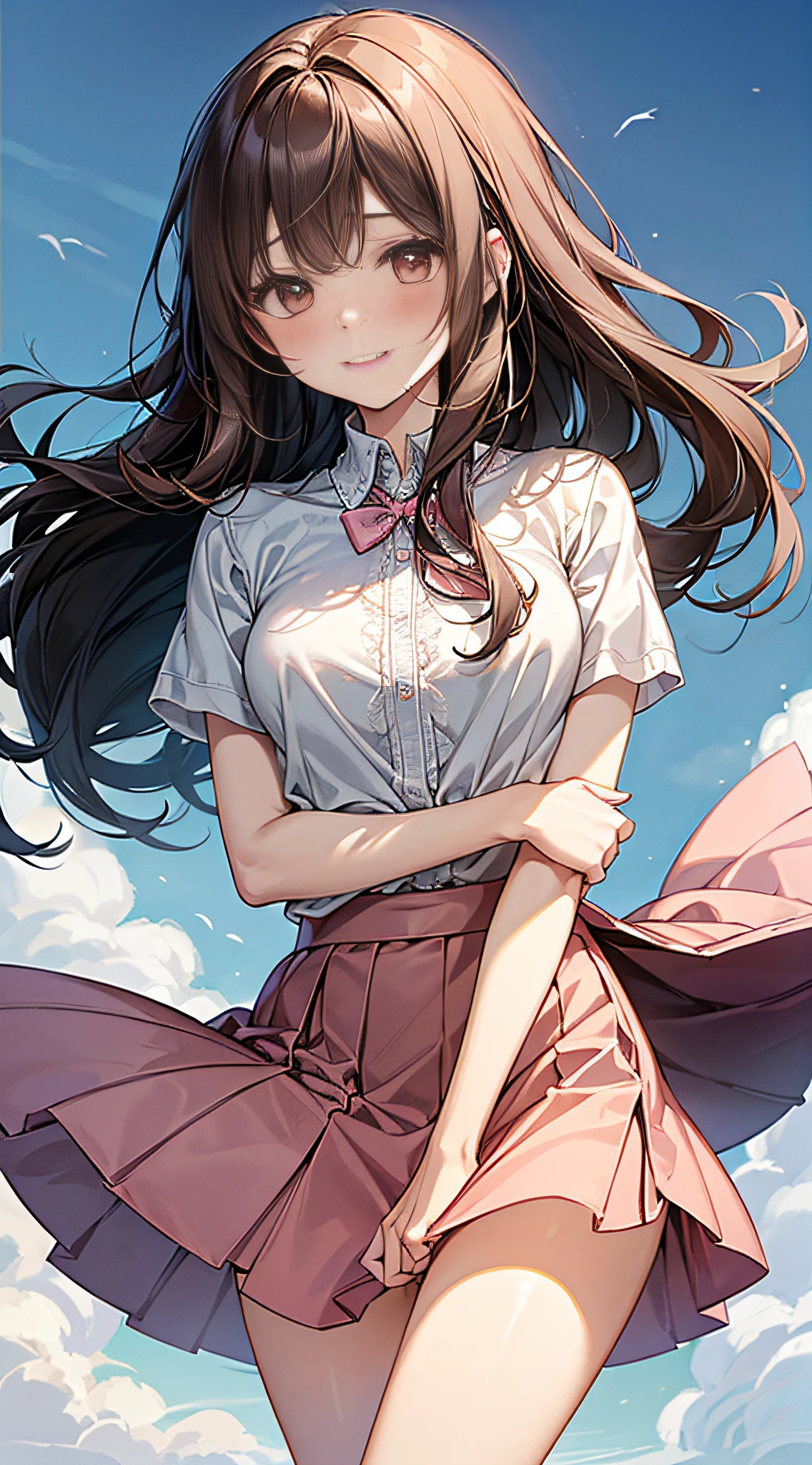 quality、超高分辨率、1人の女性,dark brown hair,with long coiled hair、a 20 yo woman、middling、((Impatient look))、(Look down a little),Beautiful CUHK、white shirt,Mini flared skirt,Good style、(Cute expression and shy smile)、((with her mouth open))、((blushed cheeks、embarrassing expression)),(((The skirt was rolled up by the wind)))、(Hold the skirt with both hands)、((you can see them all))、((you can see them all))、((pink lace))
