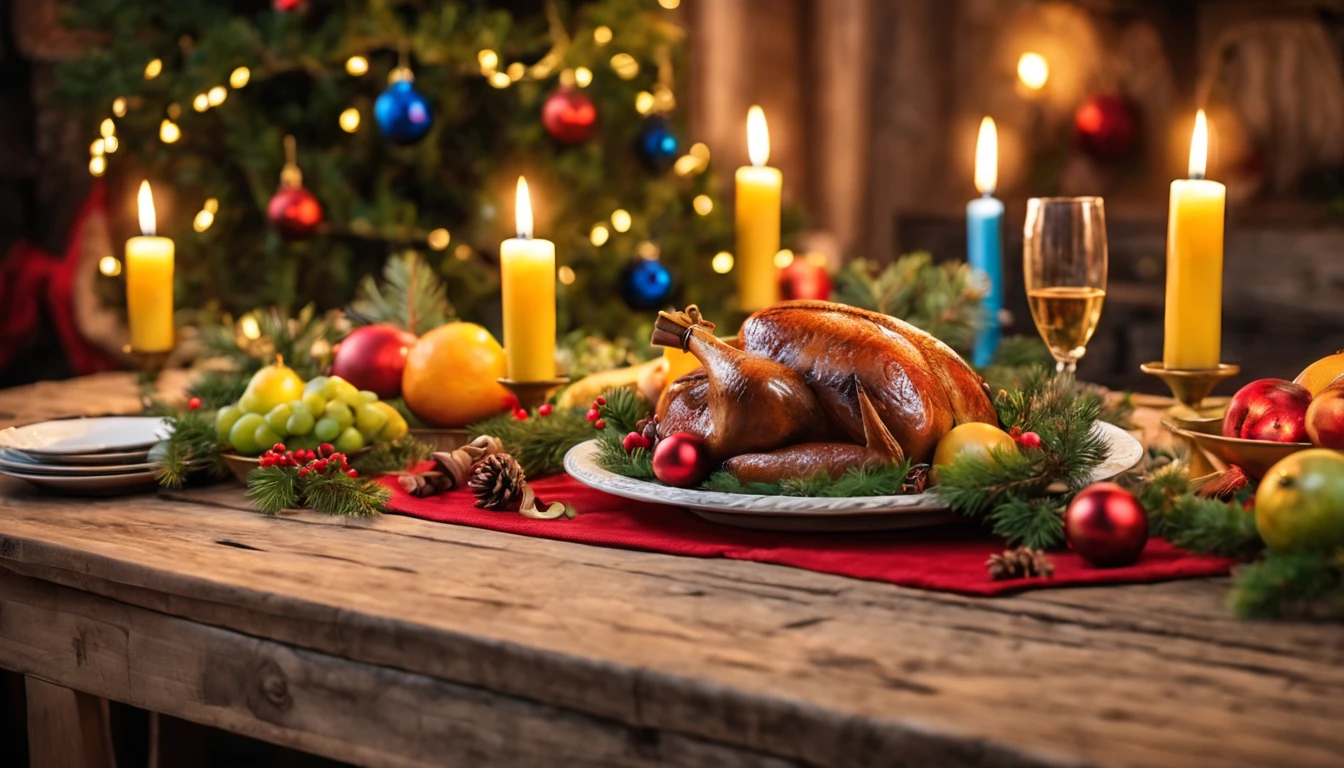 Breathtaking cinematic photo of a real Hyperrealistic christmas still life on an antique wooden table covered with Christmas tablecloth, Christmas feast, with roasts, fruit platters, salads,mistletoe and pine branches decorated with golden christmas tree decorations, red colored candles in golden candlesticks, candle lights, in the background multicolor led lights (red, blue, green, yellow), extremely high-resolution details, photorealism, realistic lifelike textures, masterpiece, best quality, sharp focus, photorealism, photorealistic, 8k, volumetric light, (intricate details),  hdr, high detailed, high quality, soft cinematic light, dramatic atmosphere, atmospheric perspective, ultra realistic, neutral colors, cinematic lighting, wide angle, film grain, dslr, raw photo, photo,