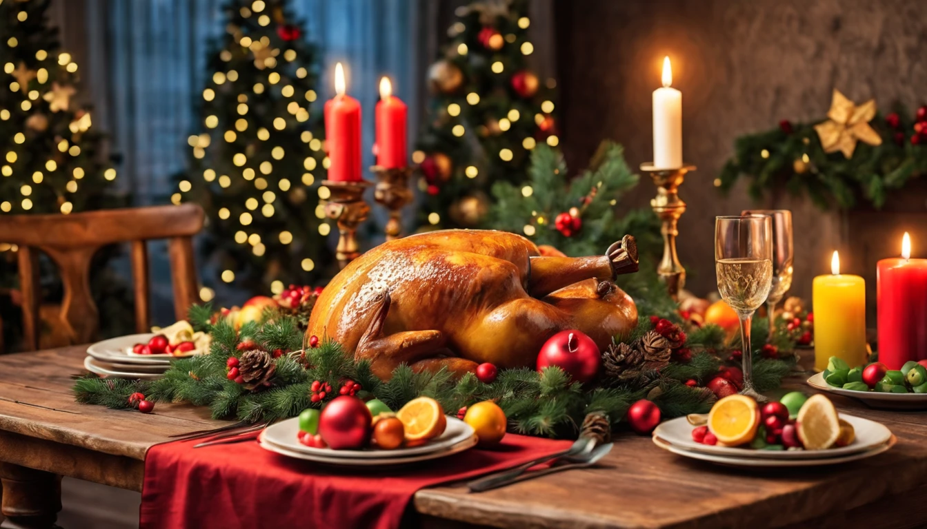 Breathtaking cinematic photo of a real Hyperrealistic christmas still life on an antique wooden table covered with Christmas tablecloth, Christmas feast, with roasts, fruit platters, salads,mistletoe and pine branches decorated with golden christmas tree decorations, red colored candles in golden candlesticks, candle lights, in the background multicolor led lights (red, blue, green, yellow), extremely high-resolution details, photorealism, realistic lifelike textures, masterpiece, best quality, sharp focus, photorealism, photorealistic, 8k, volumetric light, (intricate details), hdr, high detailed, high quality, soft cinematic light, dramatic atmosphere, atmospheric perspective, ultra realistic, neutral colors, cinematic lighting, wide angle, film grain, dslr, raw photo, photo,