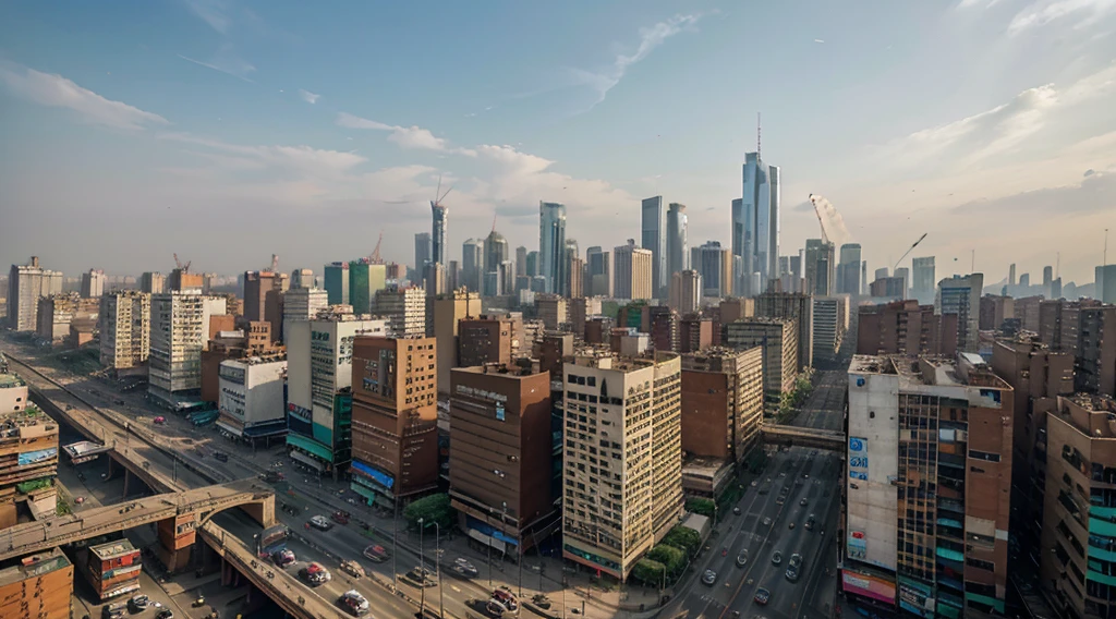 skyline of tall buildings and slum and traffic on road , Indian crowded city , slum ,water pollution, air pollution, traffic, drone view, , noon day time , realistic , 4k , hyper realistic