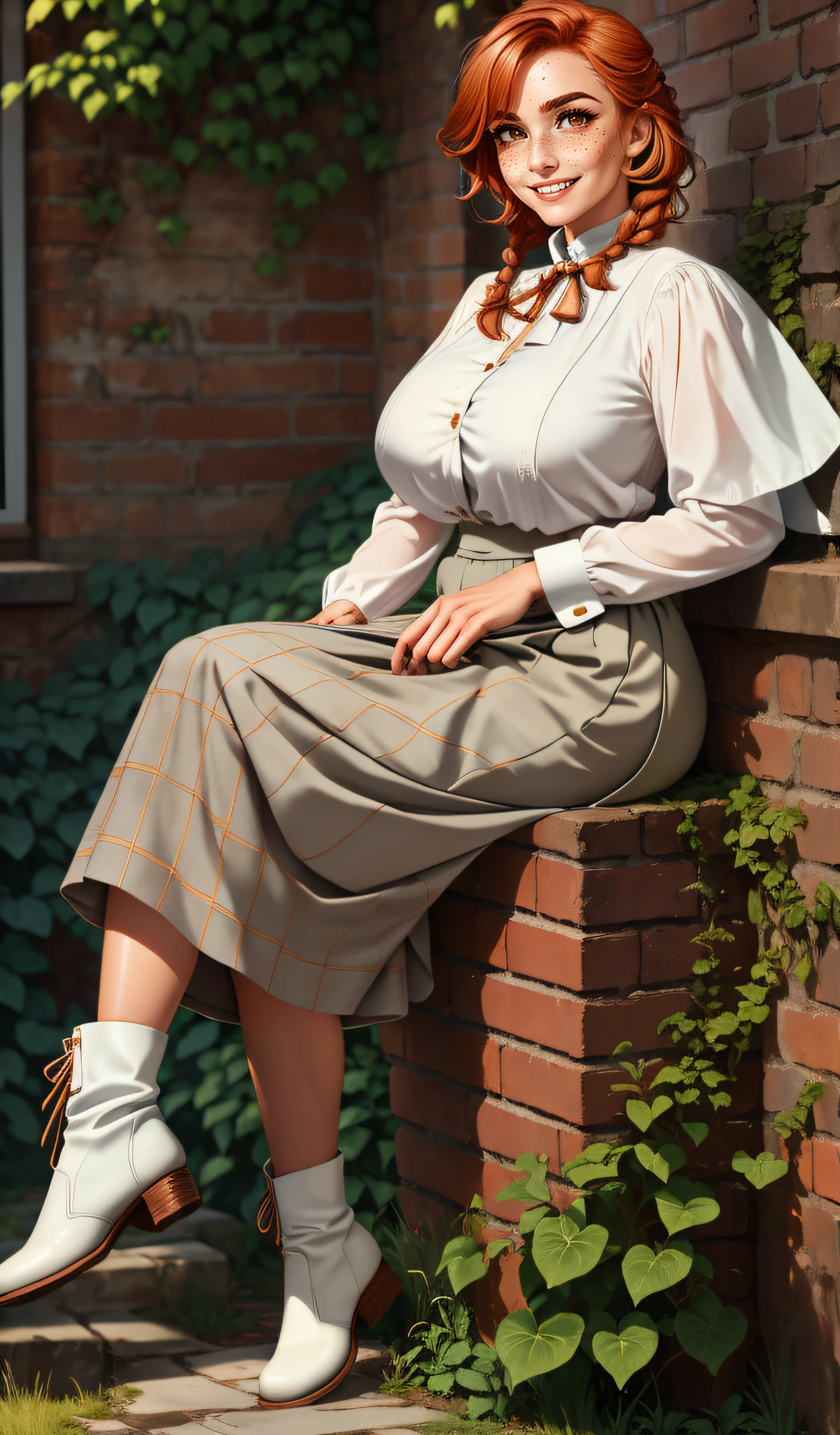 a picture of 1 woman, set in a garden, a beautiful 40-year- old woman sitting on a red brick wall covered with ivy, one leg crossed over another, hands resting on her lap, ((1930s period)), (happy grin), (broad smile), ((She has has copper red hair, tied up to a braid, brown eyes, downturned eyes, high cheekbones, strong eyebrows, freckles, strong jaw, strong face)), (wearing a long tweed skirt, white blouse), ((long skirt)), (brown leather boots), (Huge breasts, broad hips, voluptuous figure), cinematic, UHD, masterpiece, anatomically correct, textured skin, (natural blemishes) , (wrinkles),super detail, high quality, best quality, award winning, highres, 16k, HD,