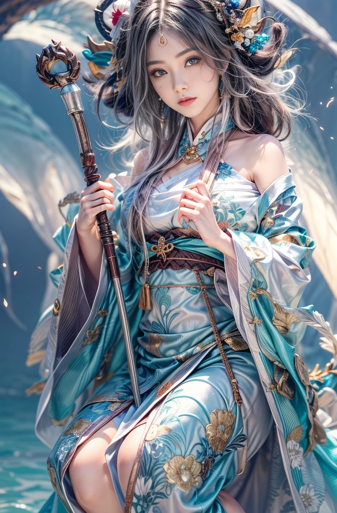 (Photoreal Stick:1.4, masutepiece:1..3, 8K), top-quality, masterpiece, 超A high resolution, Perfect dynamic composition, Professional camera work, Grow Light Effect, Mystical portrait, Cinematic Light, Highly detailed skin and facial texture:1.3, The ultra-detailliert, A detailed eye, (riding a dragon, carry a noble long cane), (myterious:1.3, Fanciful:1.2, tradition:1.2, majestueux:1.2), 1girl in, 25-years old, cute and sexy slim goddess, Fair skin, (Calm:0.9, Totally captivates you:1.0), (japanese kimono:1.3, off shoulders), (voluptuous breasts:0.9), (Backshots), (A beautiful Blue eyes, Eyes that feel beautiful eros:0.85), Sexy face:0.4, (A mouthfeel that feels beautiful eros:0.85), ((Too cute beauty:0.9)), Fantastic background, Eliminate unnecessary hands