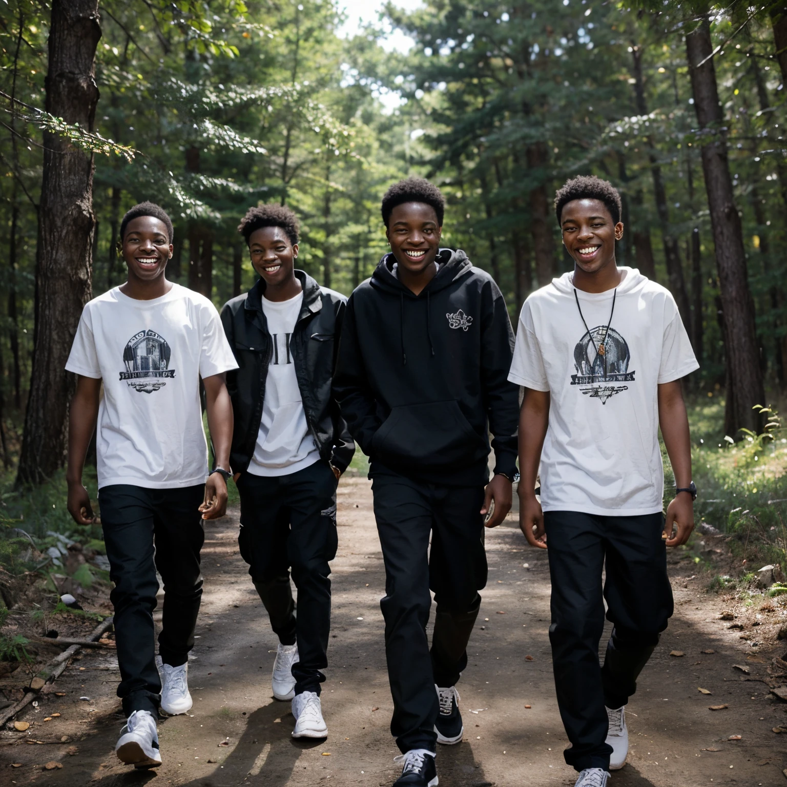 4 black thug age boys walking through the woods laughing