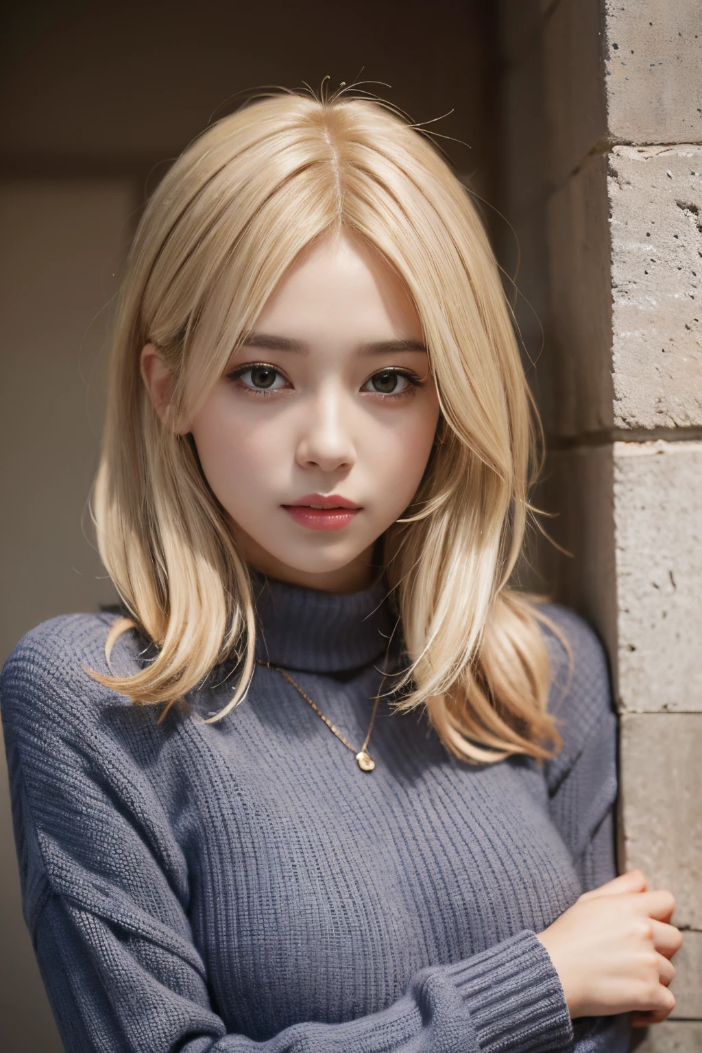 (masutepiece:1.3), (8K, Photorealistic, Raw photo, Best Quality: 1.4), (1girl in), Beautiful face, (Realistic face), (Long Blonde Hair), Beautiful hairstyle, Realistic eyes, Beautiful detailed eyes (Yellow eyes), (Realistic skin), Beautiful skin, (Sweaters), absurderes, Attractive, 超A high resolution, A hyper-realistic, Highly detailed, Golden ratio, 23years old, full bodyesbian