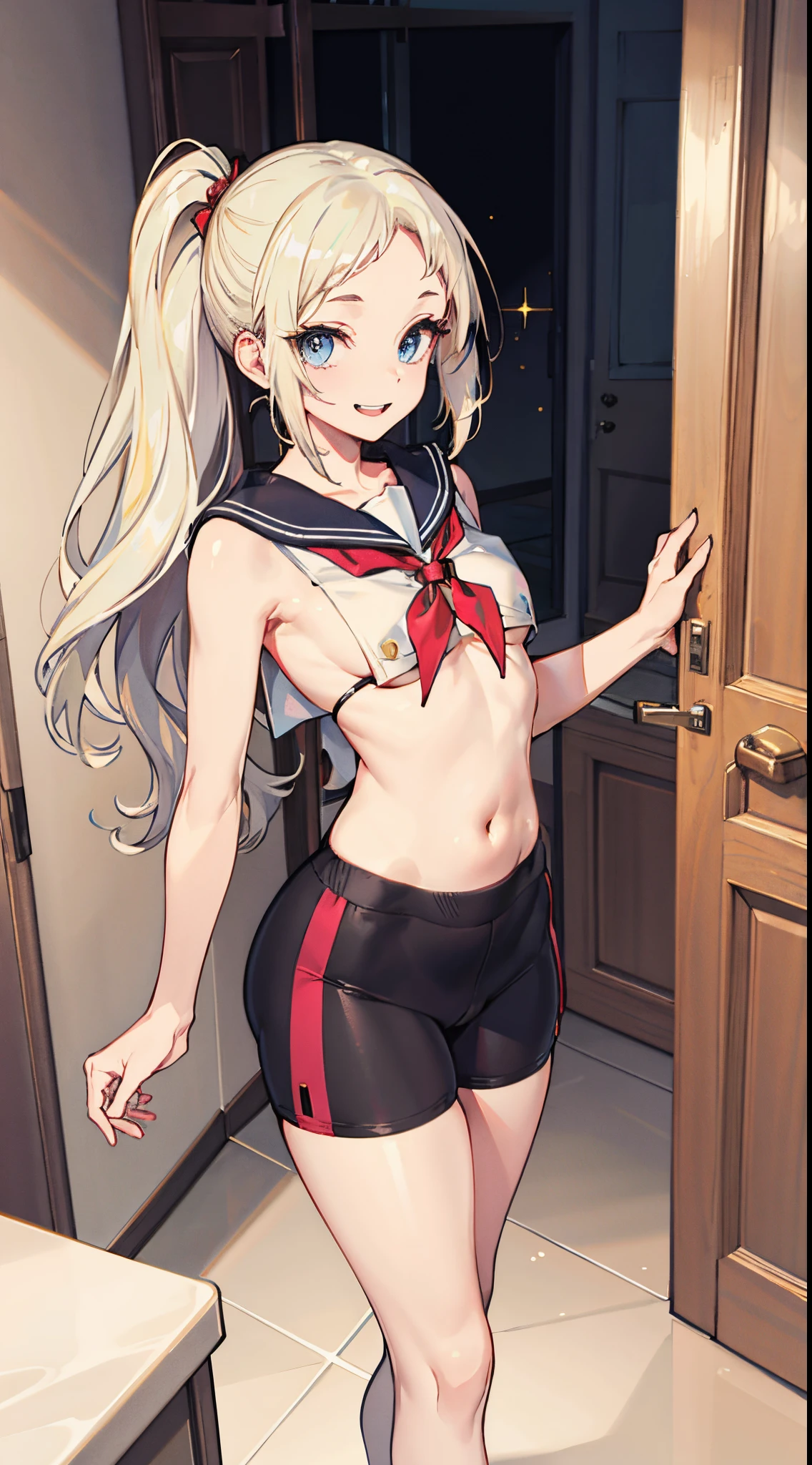 top-quality、realistic touch,high-detail、photoRealstic、long body、thin-waist、captive beauty、big eye、Strong platinum blonde eyelashes、platinum-blond、full body Esbian、Sparkling eyes、Submissive smile、Flushed cheeks、Kamimei、thin-waist、Voluptuous thighs、Enraptured look、Raked bangs、The forehead is protruding、a sailor suit、sleeveless、Inside a room、18yo girl、pony tail hairstyle、standing、clothes with wide open sides、Navel Look、sideboob