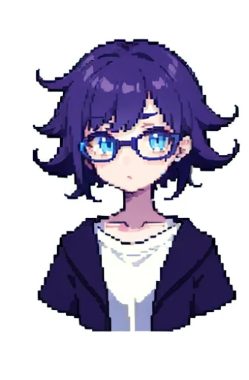 pixel, Pixel Art, 1no gender, cabelo roxo, parte superior do corpo, aconchegante, messy hair, Eyeglasses, sorrir, em pensamento profundo