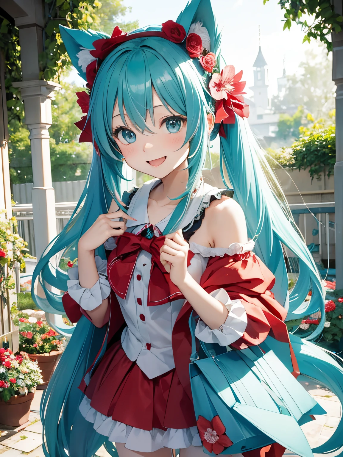 miku hatsune,10yaers old,red riding hood,Play party,A big smile,Flower garden