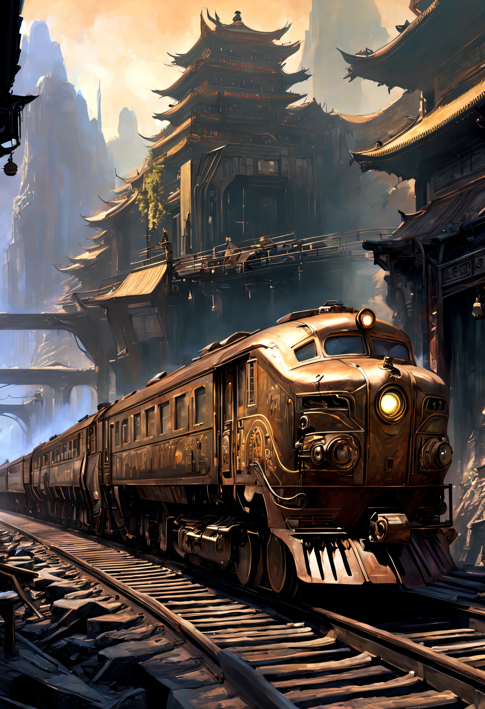 A painting of a sci-fi train passing through an ancient Chinese city，people standing on railroad tracks, Inspired by Stephen Cordell, amazing concept painting, Craig MullinsGreg Rutkoski, by Craig Mullins, Inspired by Craig Mullins, Highly realistic concept art, Craig Mullins (Craig Mullins) Dappled lighting design, Steam engine matte paint, James Gurney painting style, Highly detailed 4K painting, craig mullins style