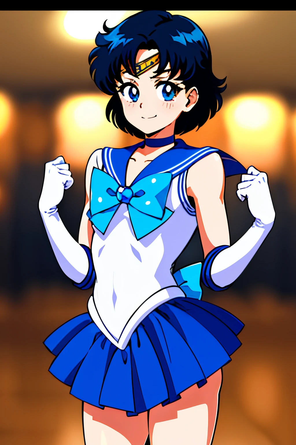 Top Quality Anime Art、masterpiece、high definition anime art、anime style 4 k、Anime Boy、Junior high school boys、gender change、gender change(Girls to boys)、rating:safe、solo、jewelry、Ami Mizuno、Blue choker、white glove、elbowgloves、Very short blue-haired boy、Sailor Senshi Uniform、skirt、Sailor Mercury、Masculinization、耳Nipple Ring、Blue-eyed boy、Blue sailor collar、Sky blue bow tie、smile、a blue skirt、White leotard、highleg leotard、robe blanche、looking_at_viewer、a miniskirt、pleatedskirt、blue_bow、sky blue_bow、white_bow、bow、mirror、Boy standing、collarbone、cowboy_shot、bangs、closed_mouth、Magical Boy、blush、Bare shoulders、bare legs、(1990's\(styles\):0.9)、