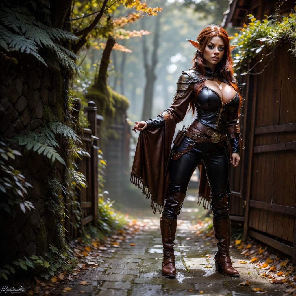 A female gnome, with short "dark red hair", blue eyes, wearing a leather steampunk outfit, full body pose,