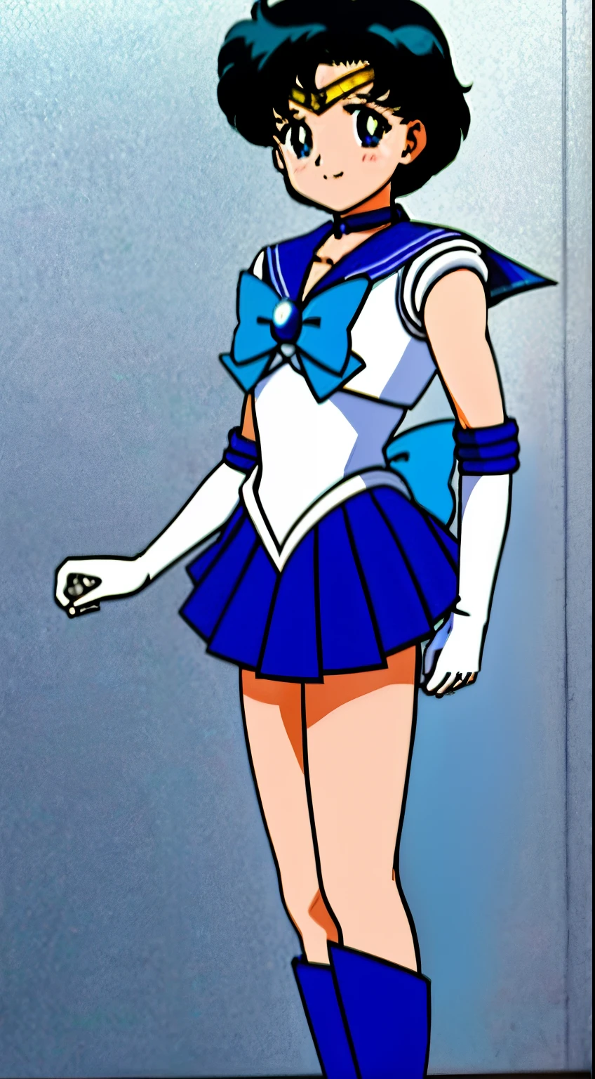 Top Quality Anime Art、masterpiece、high definition anime art、anime style 4 k、Sailor Senshi Uniform、Anime Boy、Handsome boy、 boys、Ami Mizuno、gender change、Sailor Mercury、gender change(Girls to boys)、rating:safe、solo、Blue sailor collar、Sky blue bow tie、Magical Boy、Blue choker、Very short blue-haired boy、jewelry、skirt、耳Nipple Ring、white glove、elbowgloves、bow、Masculinization、Blue knee boots、Blue Heeled Boots、a blue skirt、circlet、Blue-eyed boy、back_bow、White leotard、highleg leotard、robe blanche、Boy with very short black hair、blue_bow、sky blue_bow、white_bow、Boy standing、smile、a miniskirt、pleatedskirt、Muscular men、photo、Bare shoulders、bare legs、Retro Anime Boys、an retro anime image、cel shaded anime、Hymns to the King as a Prince、full-body close-up shot、Anime、Soft lighting、(1990's\(styles\):0.9)、