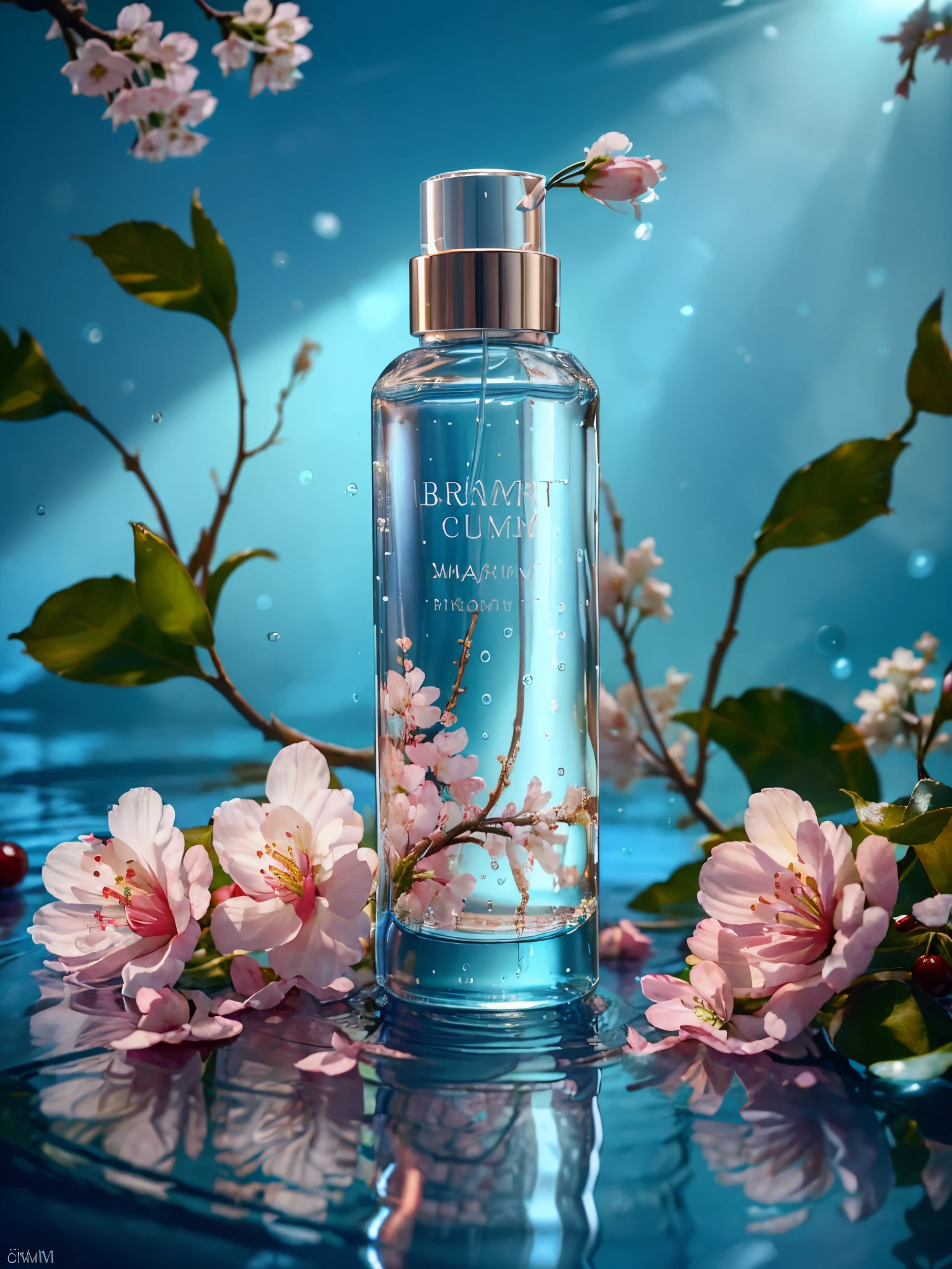 best quality, 4k, 8k, high resolution, masterpiece, ultra-detailed, photorealistic, blender, makeup bottle, cherry blossom wrapped around, blue sky background, water, sunlight, low perspective,  product rendering