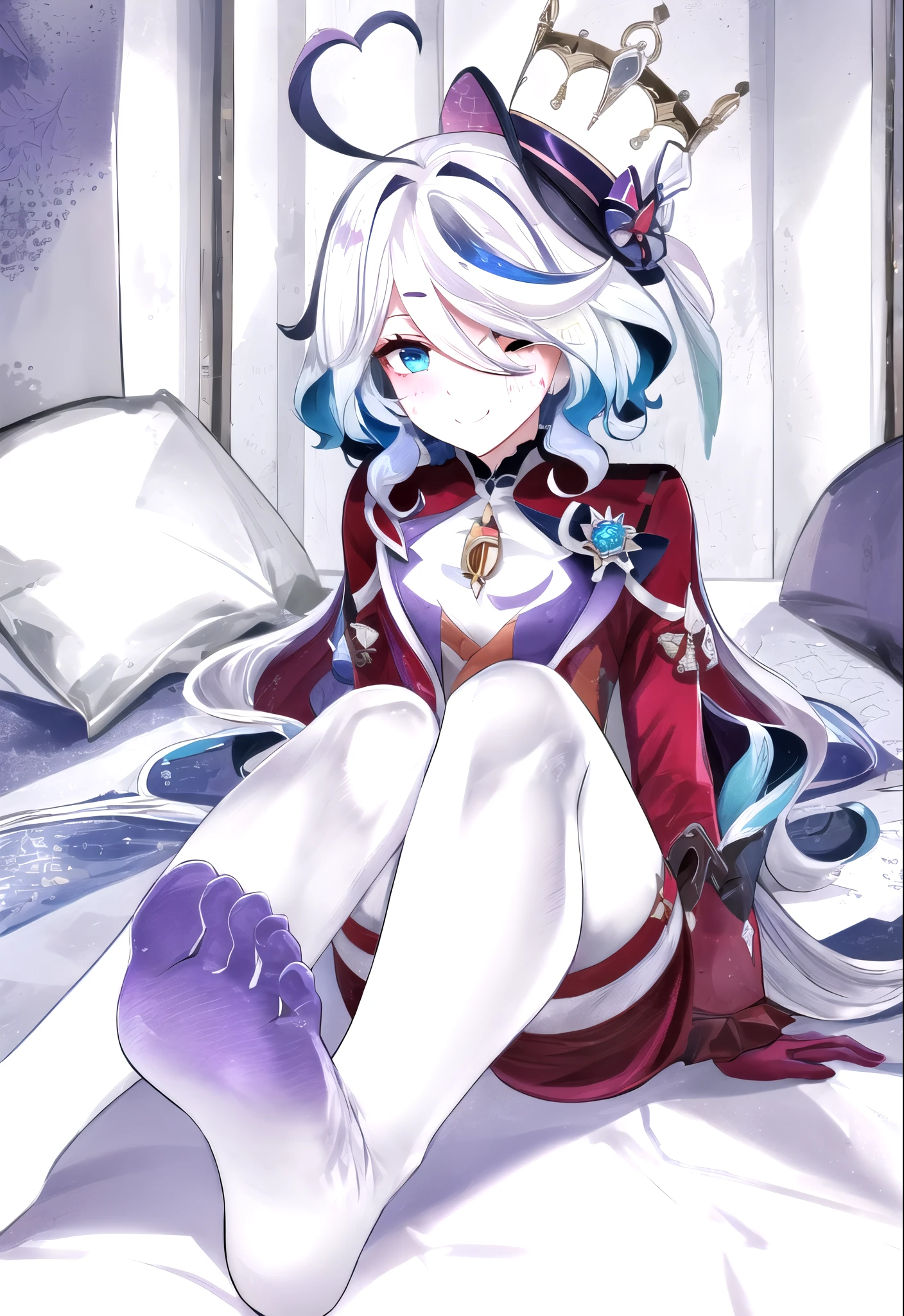 16k,The beautiful, On a table, Best quality at best, The facial details are particularly rich, perfect litthing,1 girl in、tightsuit, skin tight, latex,White jumpsuit,White jumpsuit, shinning clothes, Shiny, Cover the navel, steamy,tmasterpiece, Best quality, 1 Sister, Forina, genshin impact, White hair, Blue hair, White latex coat, abandoned city lock,hair covering one eye,((Gradient hair)), A thin body，Beautiful blood red eyeshadow，Wearing long white gloves:1.a purple eye:1 white hair, Blue hair:1.3， Ultra-detailed eyes， ssmile, drunk, drunk, Torre, Looking haggard and pale, Happy, twinkle, light blush