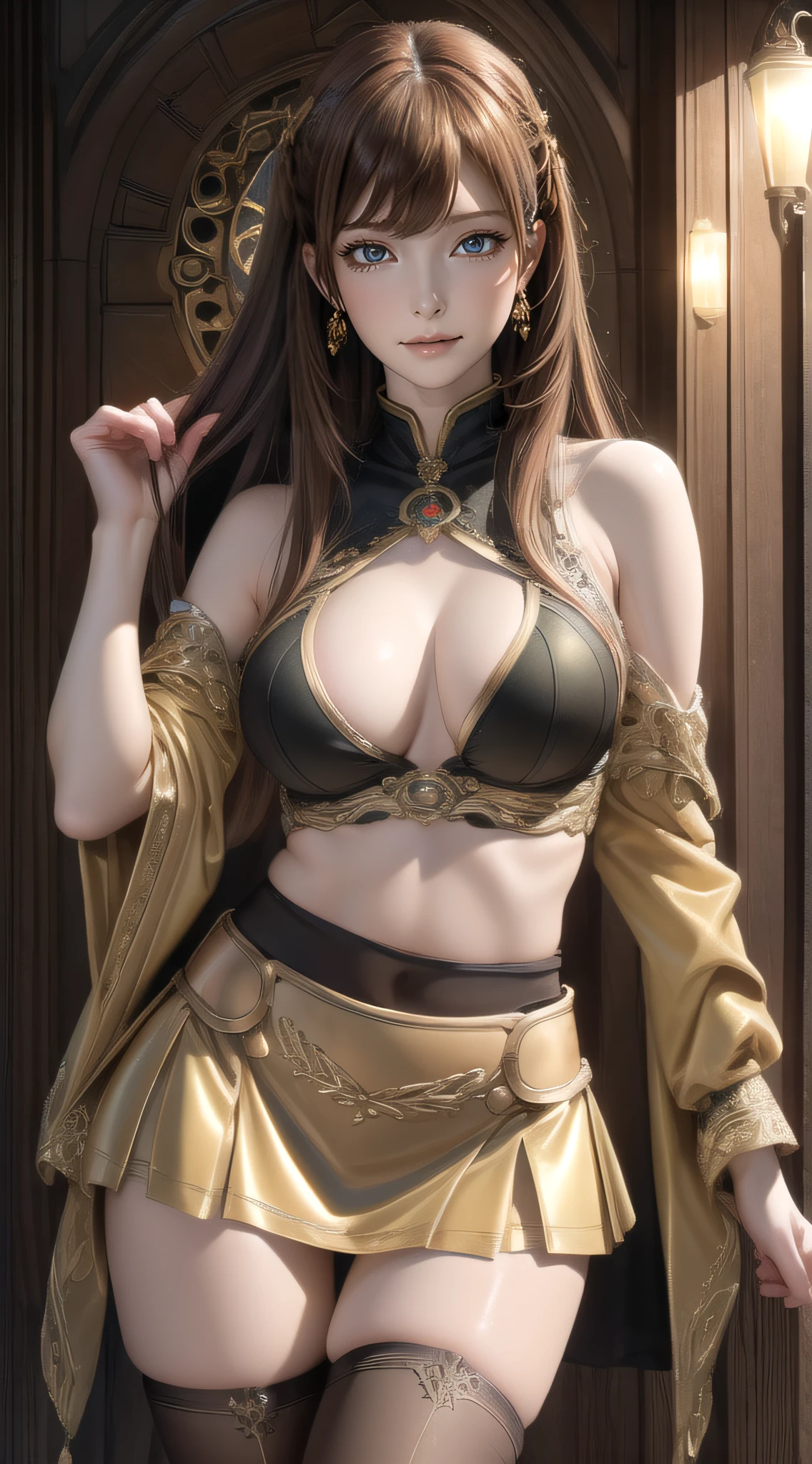 (Cinematic scene,Fantasy Art,Highest image quality,hyperrealistic portrait,(8K),Ultra-realistic,Best Quality,High quality,High Definition,high quality texture,high detailing,Beautiful detailed,fine detailed,extremely details CG,Detailed texture,realistic representation of face,masutepiece,presence,Dynamic,Bold),1gir,Ultra detailed skin,Curve,Petite,Beautiful breasts,Large breasts,pale skin,pointed breast,Erect nipples,(Thin hair),(Soft hair),(ultra straight hair),Swept long bangs,very light coppery amber hair,Hair over one eye,Clothed,Knitted Dresses,Tight mini skirt,Stockings,Engineer Boots