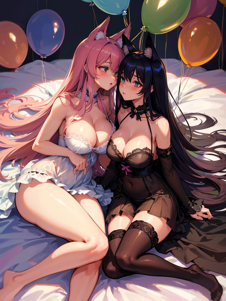 high quality, masterpiece, ultra-detailed, lingerie, thigh highs, extremely coloured, 2 girls, beautiful, shiny skin, enchanting eyes, long hair, fox ears, balloons, kissing each other, yuri, ridiculously large breasts, laying on bed