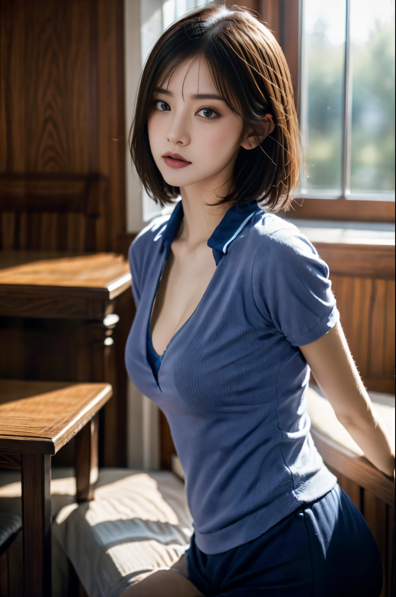 top-quality、masterpiece、超A high resolution、Raw photography、(Photorealsitic:1.4)、1人、A detailed face、cowboy shot、(White shirt with blue collar、Blue sweatpants)、Unbuttoned clothes、cleavage of the breast、(Constricted waist) :1.2)、short-haired、at the library、bokeh dof、Beautiful light inodell pose、