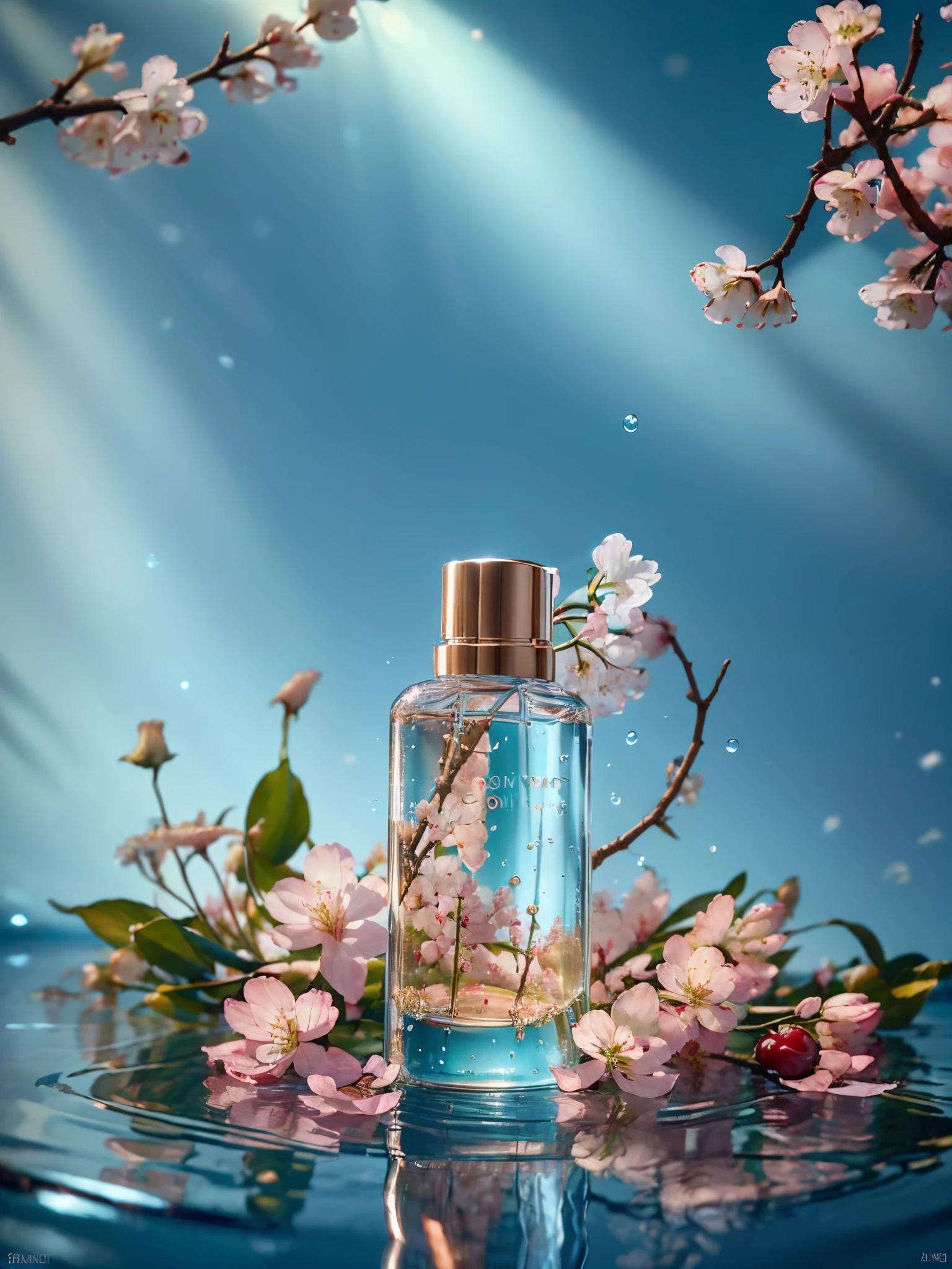 best quality, 4k, 8k, high resolution, masterpiece, ultra-detailed, photorealistic, blender, makeup bottle, cherry blossom wrapped around, blue sky background, water, sunlight, low perspective,  product rendering