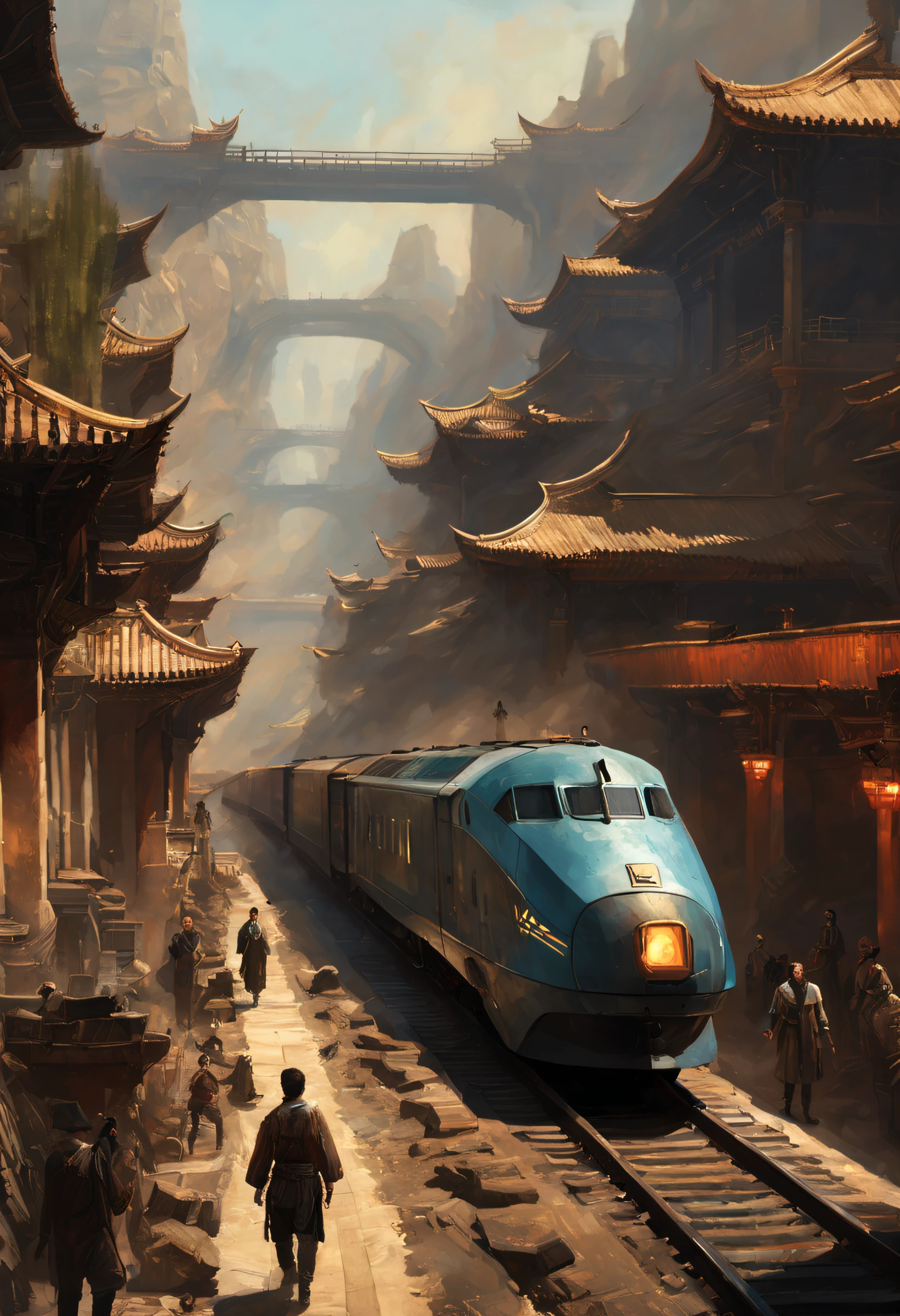 A painting of a sci-fi train passing through an ancient Chinese city，people standing on railroad tracks, Inspired by Stephen Cordell, amazing concept painting, Craig MullinsGreg Rutkoski, by Craig Mullins, Inspired by Craig Mullins, Highly realistic concept art, Craig Mullins (Craig Mullins) Dappled lighting design, Steam engine matte paint, James Gurney painting style, Highly detailed 4K painting, craig mullins style