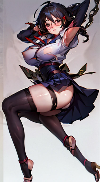Stema Peace、hanekawa tsubasa、attack of glasses、A dark-haired、large boob、 (Black hair, Brown eyes, Round face),With ribbon, (nose blush, half opened eye),, [Full body shot]、eye glass、Head-to-toe shots、A dark-haired、Kunoichi&#39;My clothes are torn、Holding a dagger in each hand、