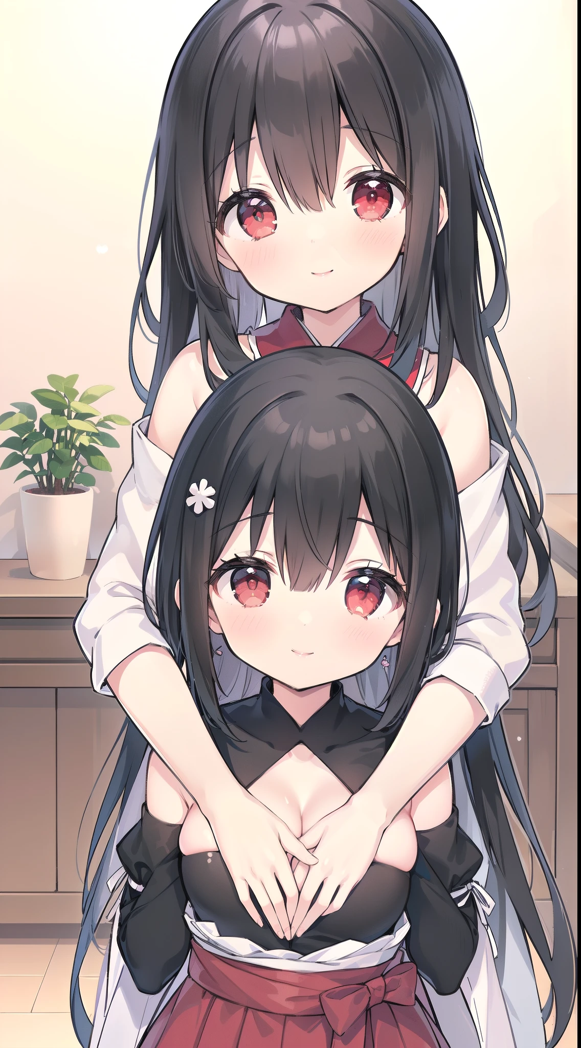 Selfie perspecrive, (ecchi girl wearing furisode slightly showing shoulder asking for hug, showing great affection to viewer:1.5), (gentle housewife, tiny li petite and short figure, perfect woman, medium cleavage, mature aura:1.4), (masterpiece, best quality, HD Pictures:1.1), very long hair, bangs, gentle look, gentle smile, gentle eyes, mature looking, pinkish cheeks, very detailed eyes, very detailed pupils, very detailed ridiculously long black hair, detailed face, detailed ruby red eyes, look up to viewer asking for hug, detailed long black hair, (happy gentle face, warm smile, kiss, blushing red cheeks:1.3)
