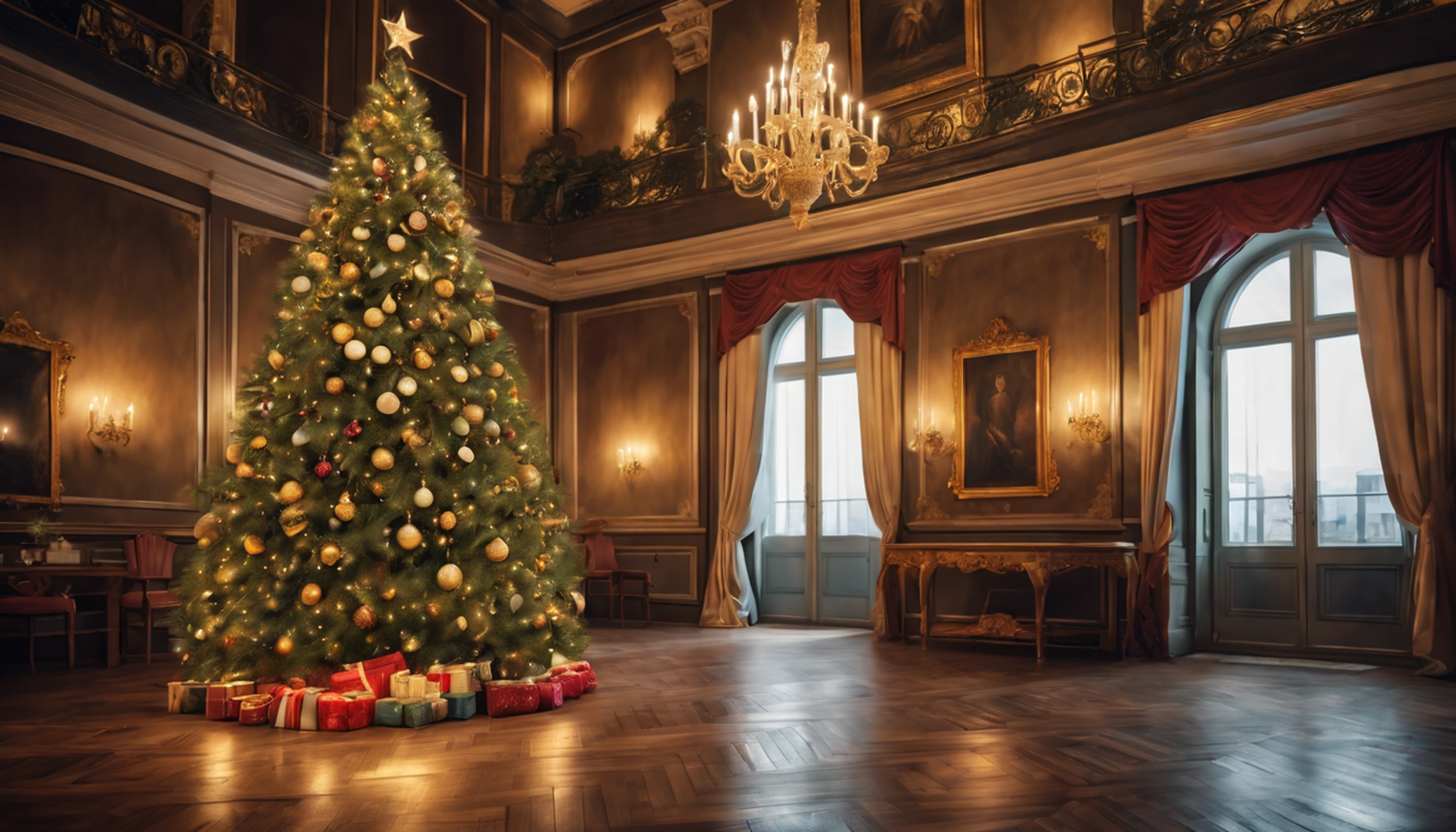 Breathtaking cinematic photo of a real Hyperrealistic christmas tree standing in an antique baroque interior, multi-colored lights and golden Christmas tree decorations on the christmas tree, candlelights, extremely high-resolution details, photorealism, realistic lifelike textures, masterpiece, best quality, sharp focus, photorealism, photorealistic, 8k, volumetric light, (intricate details),  hdr, high detailed, high quality, soft cinematic light, dramatic atmosphere, atmospheric perspective, ultra realistic, neutral colors, cinematic lighting, wide angle, film grain, dslr, raw photo,