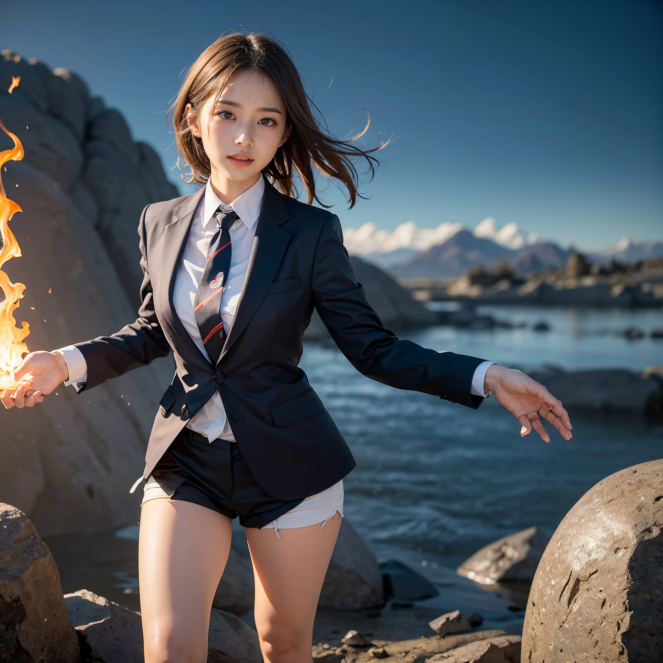 (masutepiece, Best Quality:1.2), 8K, Official art, Suit with transparent underwear、Gesture of removing tie、You can see the chest、Five Fingers Photos'Body of, full body Esbian、Suit Beauty、Big Dipper in the background、star explosion、Beautiful barefoot woman with dark hair, hold a flame in your right hand、tie a tie with your right hand、Turn your face up、looking-down、cool expression、Bright lava light rises above the broken Earth from beneath the asteroid belt(Jagged rock rocks and fragments shot into the air:1.3) (Storm of windy dust debris:1.1) Volume fogmist by trace Z、It can allow bright light from below to pass through、 (masterpiece) (top-quality) (detaileds) (8K) (电影灯光) (foco nítido) (Convoluted)A dark-haired、14years、small tits、A delightful、A smile、unbelievable Ridiculous, (a beauty girl, Pretty Face, arching back down, Gold hair ornament on hair、wearing a suits、close up, Wearing a suit, Short sleeve, gardenia, violaceaess, spaces , Looking at Viewer, Film grain, chromatic abberation, Sharp Focus, face lights, Dynamic lighting, Cinematic lighting, Eyes and faces with detailed, (Gray tie、1 copy:1.2)